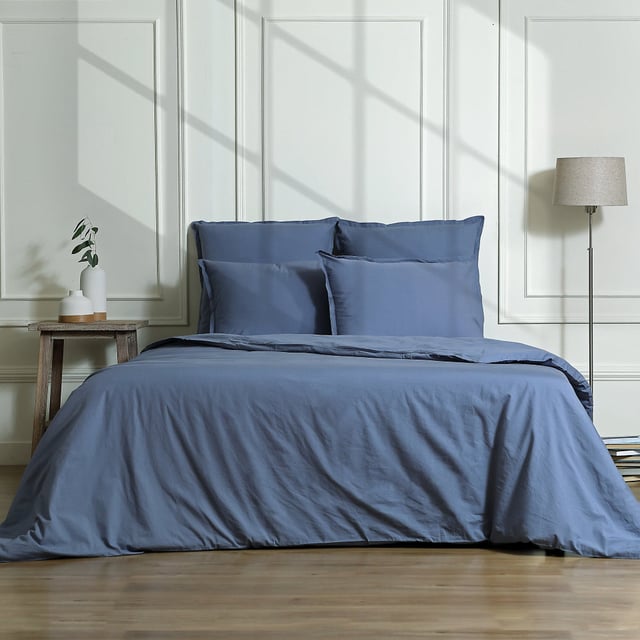 Parure + taies 65x65 240x220+2(65x65) percale de coton bleu denim