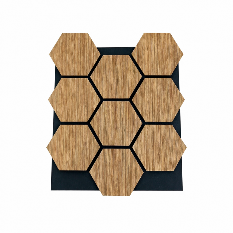 Dekoracyjny panel z płyty MDF z sześciokątnym wzorem i filcem PET, zestaw 12 sztuk, 62x76 cm, dźwiękochłonna okładzina ścienna, dąb.
