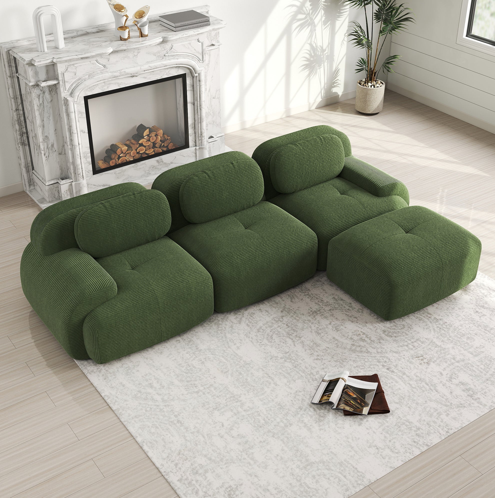 Canapé d'angle modulable 3 places sans montage, sans cadre, en tissu côtelé vert, ergonomique, 298 × 178 × 70 cm - 3