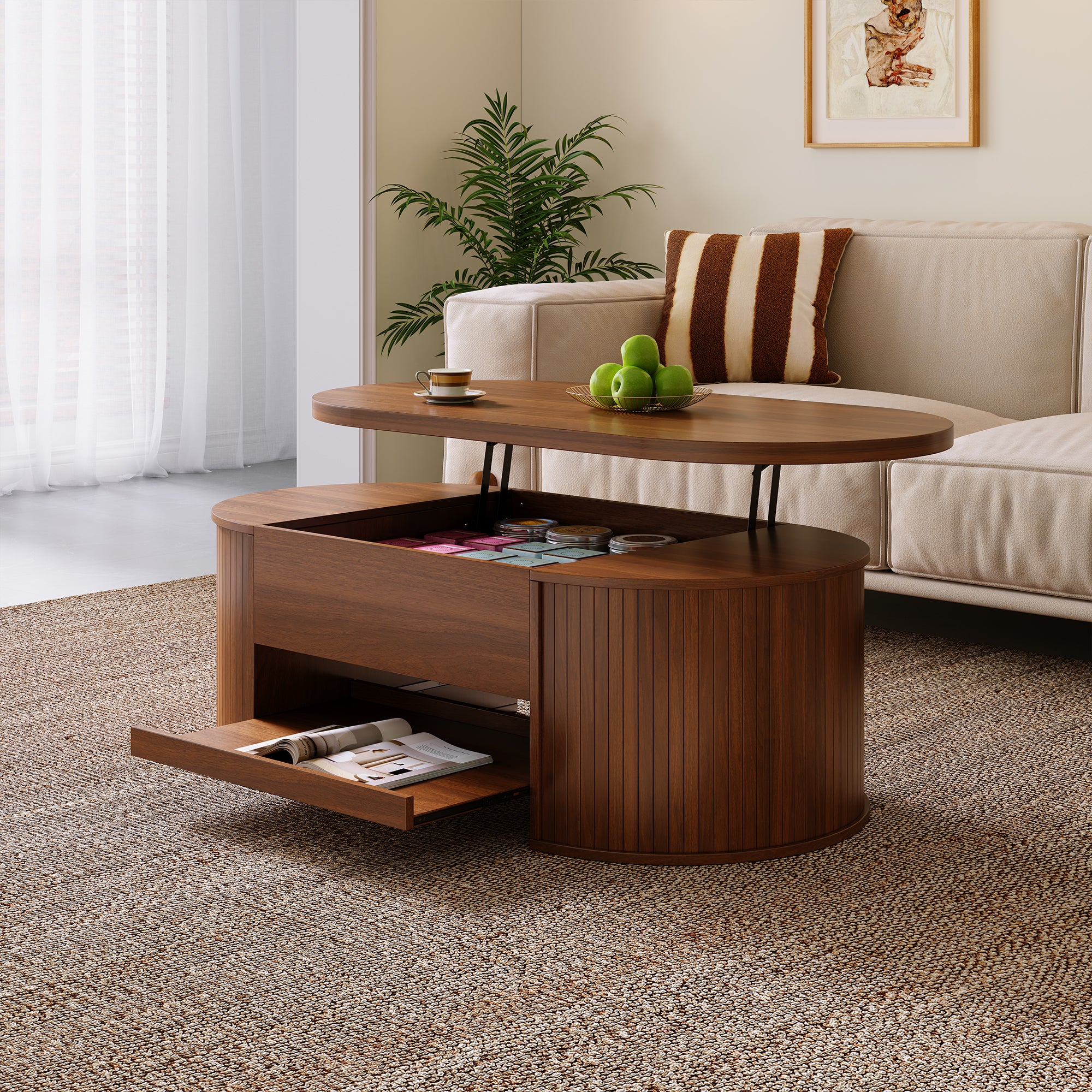 Tavolino da caffè sollevabile con 1 cassetto ovale - 110 x 55,5 x 55 cm - MDF - Per soggiorno - Marrone - 4