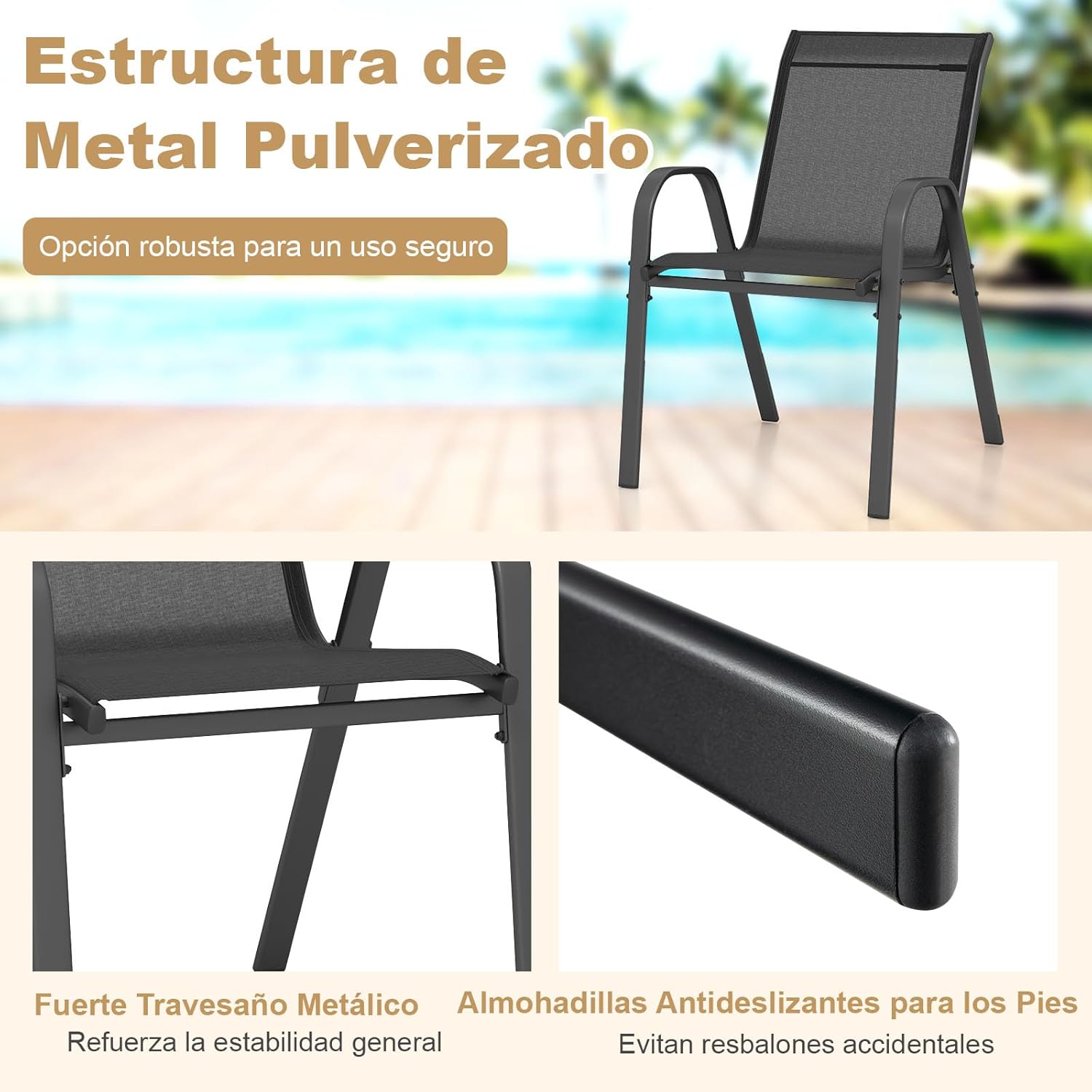 Lot de 4 Chaises de Jardin Extérieur Métal et Textilène, Fauteuil de Jardin Empilable avec Accoudoirs et Dossier, 56x70x84cm, Charge 150kg, Noir - 6