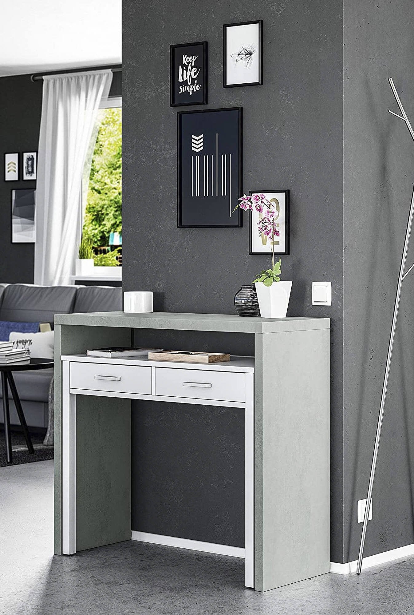 Bureau Billings, Bureau avec plateau extensible, Bureau PC avec 2 tiroirs, 99x36h88 cm, Ciment et Blanc - 4