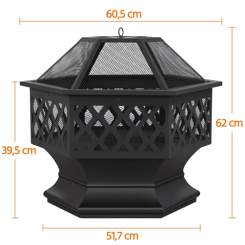 Brasero Jardin Hexagonal 60,5 x 60,5x 62cm H, Poêle à Bois Métal avec Couverture et Poker, pour Fête et Patio, Chauffage Extérieur Noir YAHEETECH - 4
