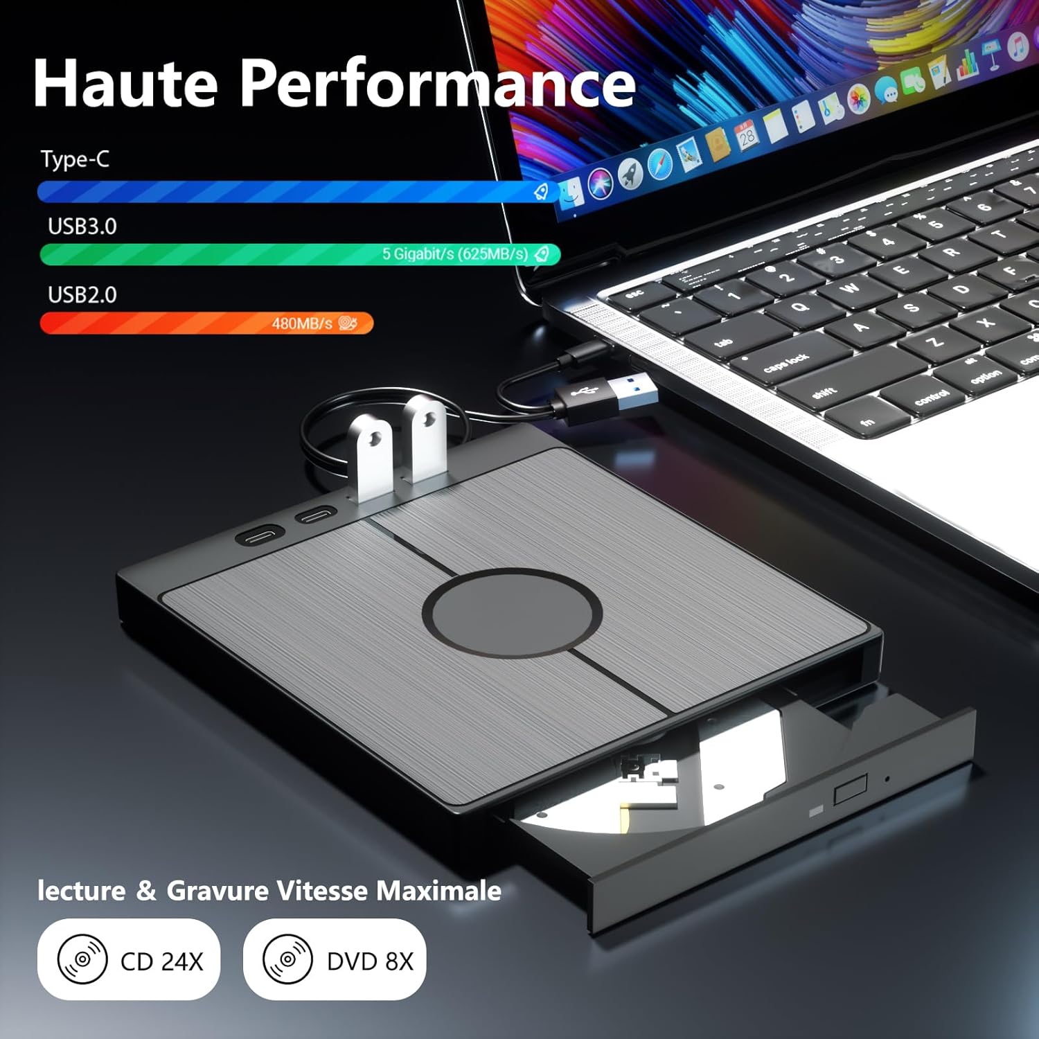 Graveur CD DVD Externe 7 en 1 USB 3.0 Type-C Graveur CD DVD RW Lecteur SD TF Transmission Rapide Câble Intégré Win 11 10 8 7 XP Vista - 3