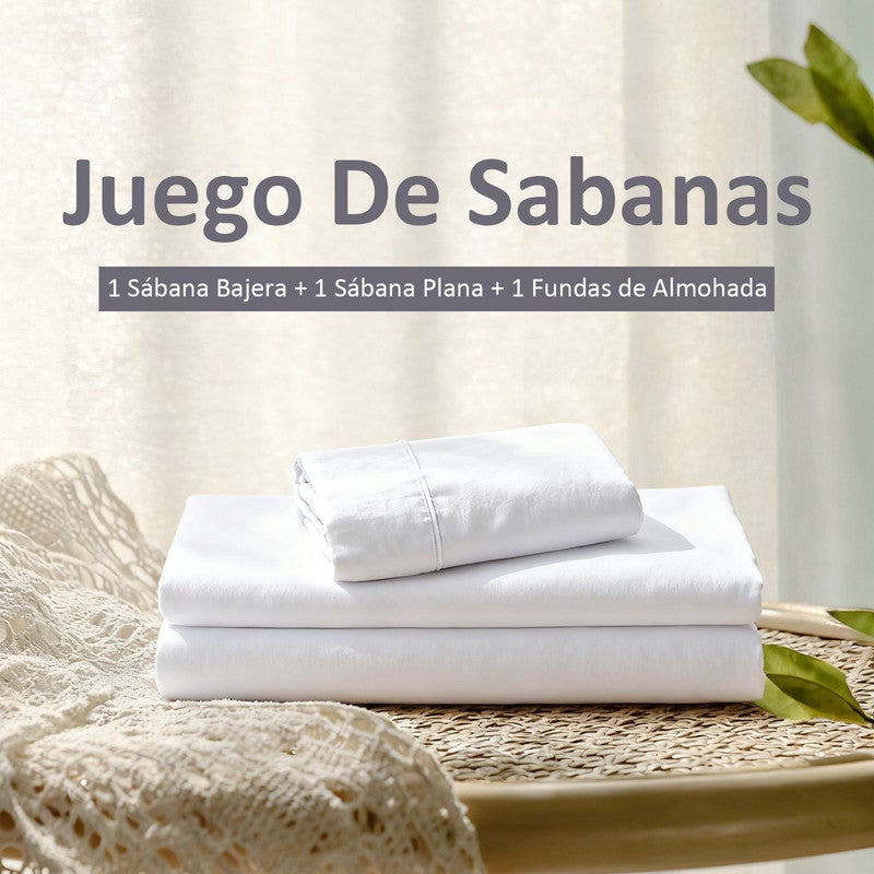 Juego de Sábanas 100% Algodón | 3 Piezas | Bajera Ajustable 30 CM | Funda Almohada Boca Abierta | Hipoalergénico, Absorbe Humedad | Blanco Cama 135 - 3