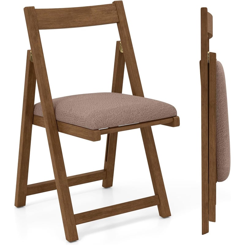 Zestaw 2 Składanych Krzeseł Drewnianych, Zakrzywione Oparcie, Podnóżek, Składane Krzesło z Wyściełanym Siedziskiem (Brązowy Orzech)