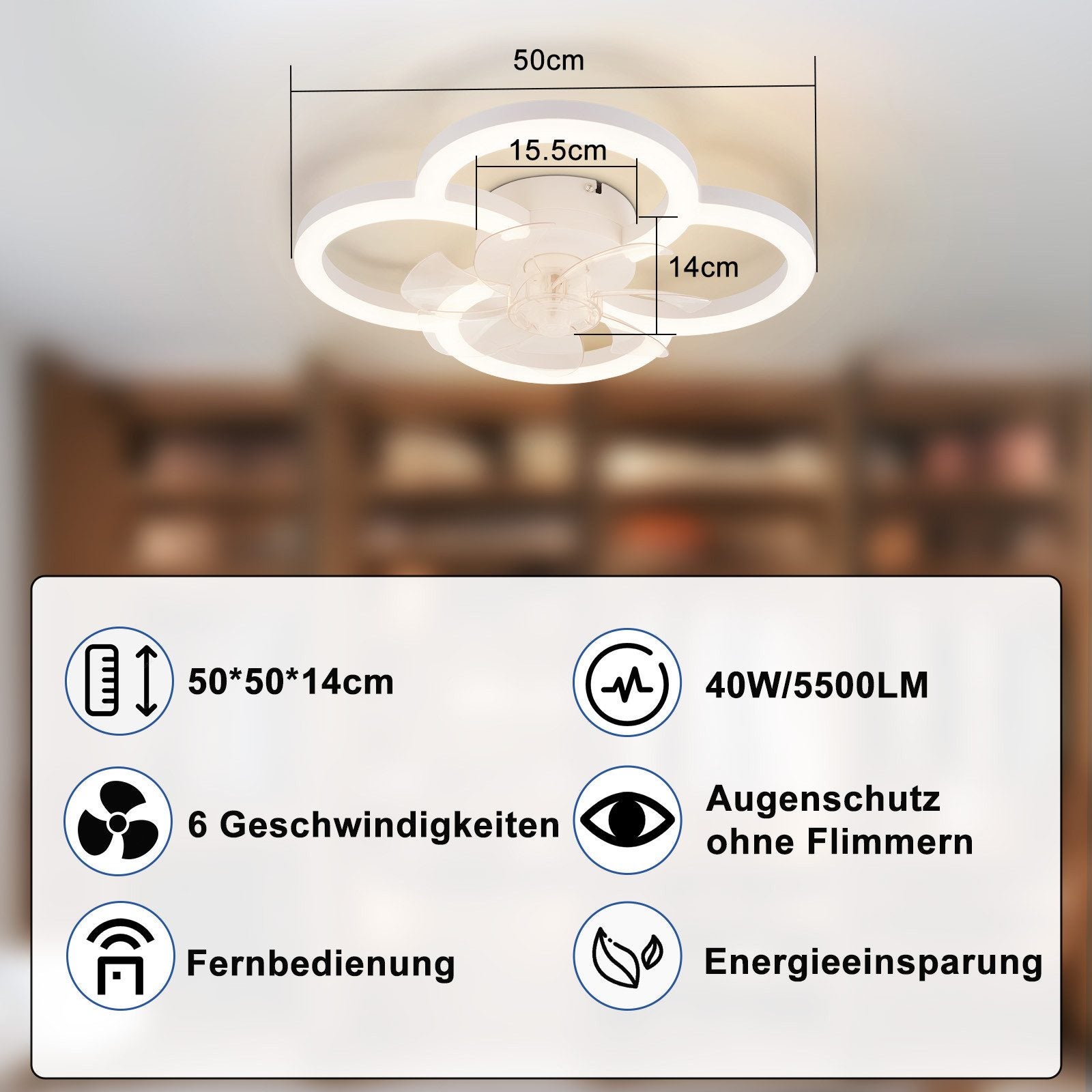 NETTLIFE Wentylator sufitowy LED z cichym oświetleniem i pilotem, ściemnialna lampa sufitowa, 6-stopniowy timer, biały - 4