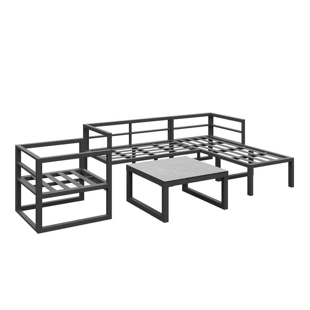 Ensemble de meubles de jardin avec structure en fer galvanisé, canapé d'angle, table en verre trempé et coussins gris - 9