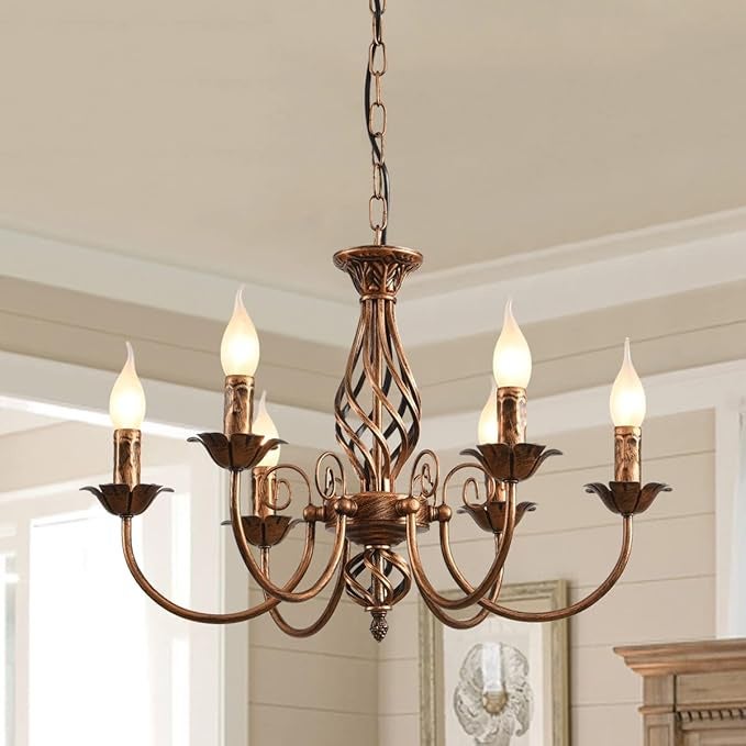 Lustre style traditionnel pays, bougie vintage bronze réglable en hauteur 6 lumières - 2