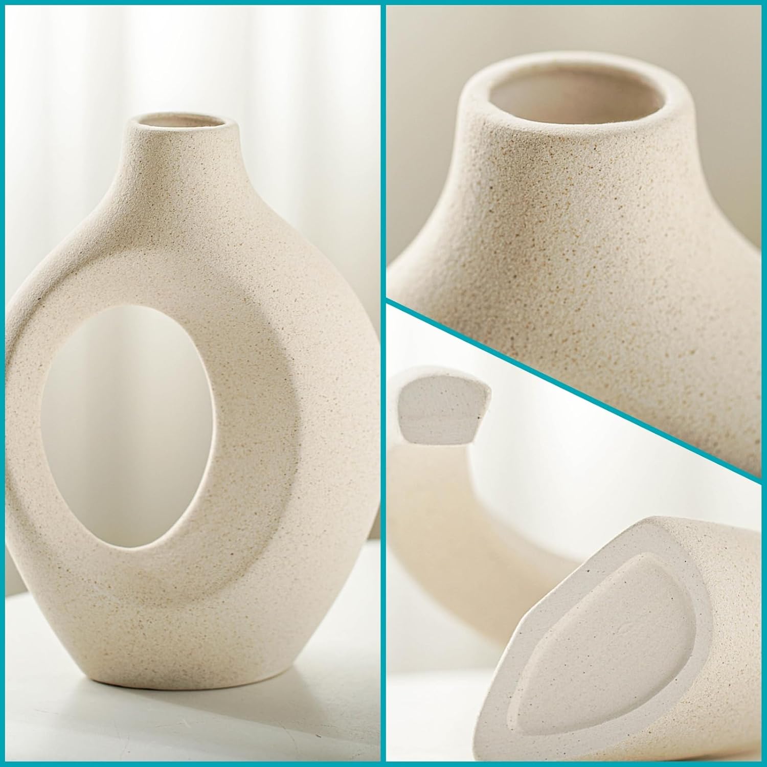 Ensemble de 2 vases en céramique, style bohème moderne nordique, vases décoratifs esthétiques en céramique pour la décoration intérieure (blanc) - 5
