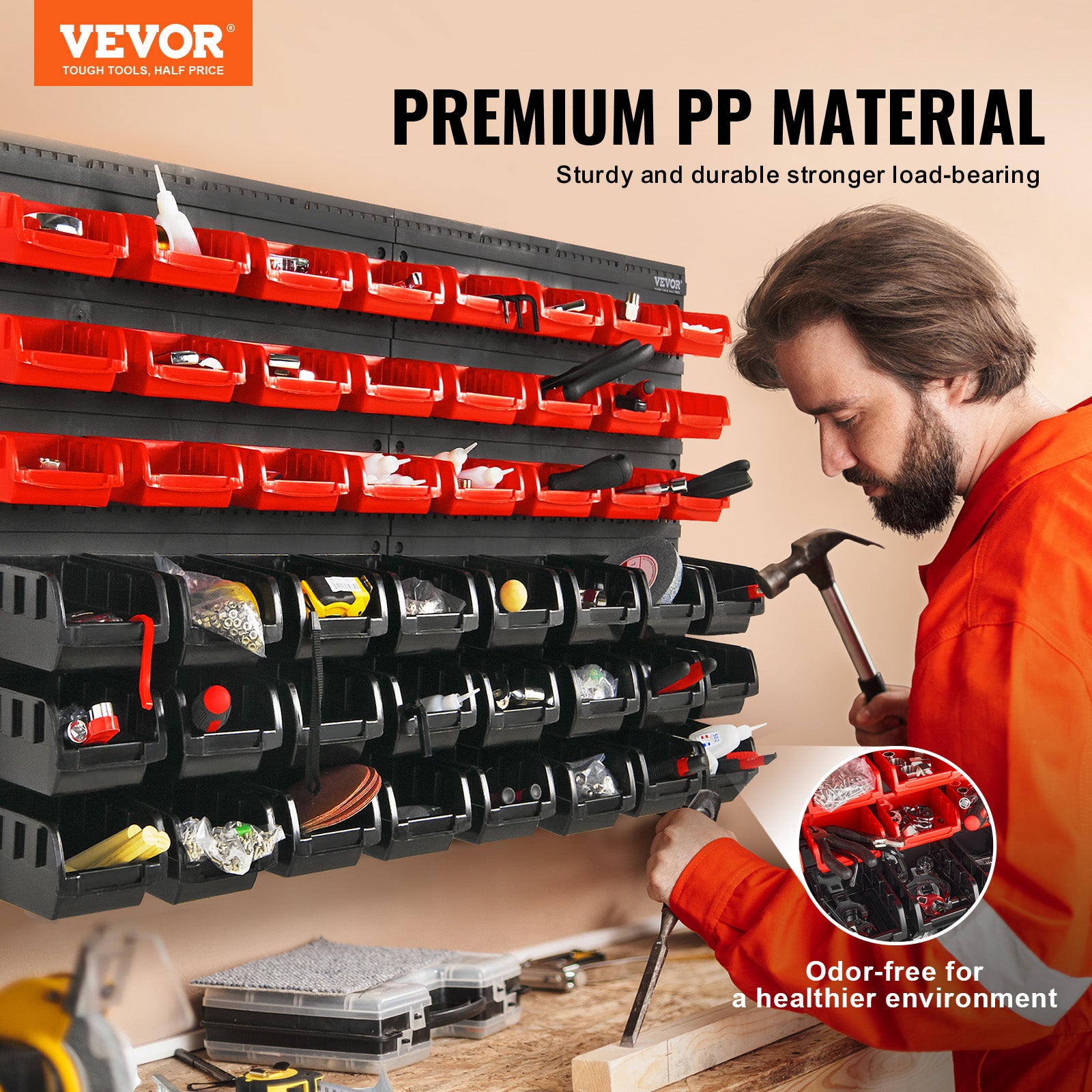 Étagère Bac à Bec Plastique VEVOR,48 Boites Rangement Empilables Atelier Garage avec Panneaux Muraux,Organisateur Outil pour Écrous,Boulons,Noir/Rouge - 2