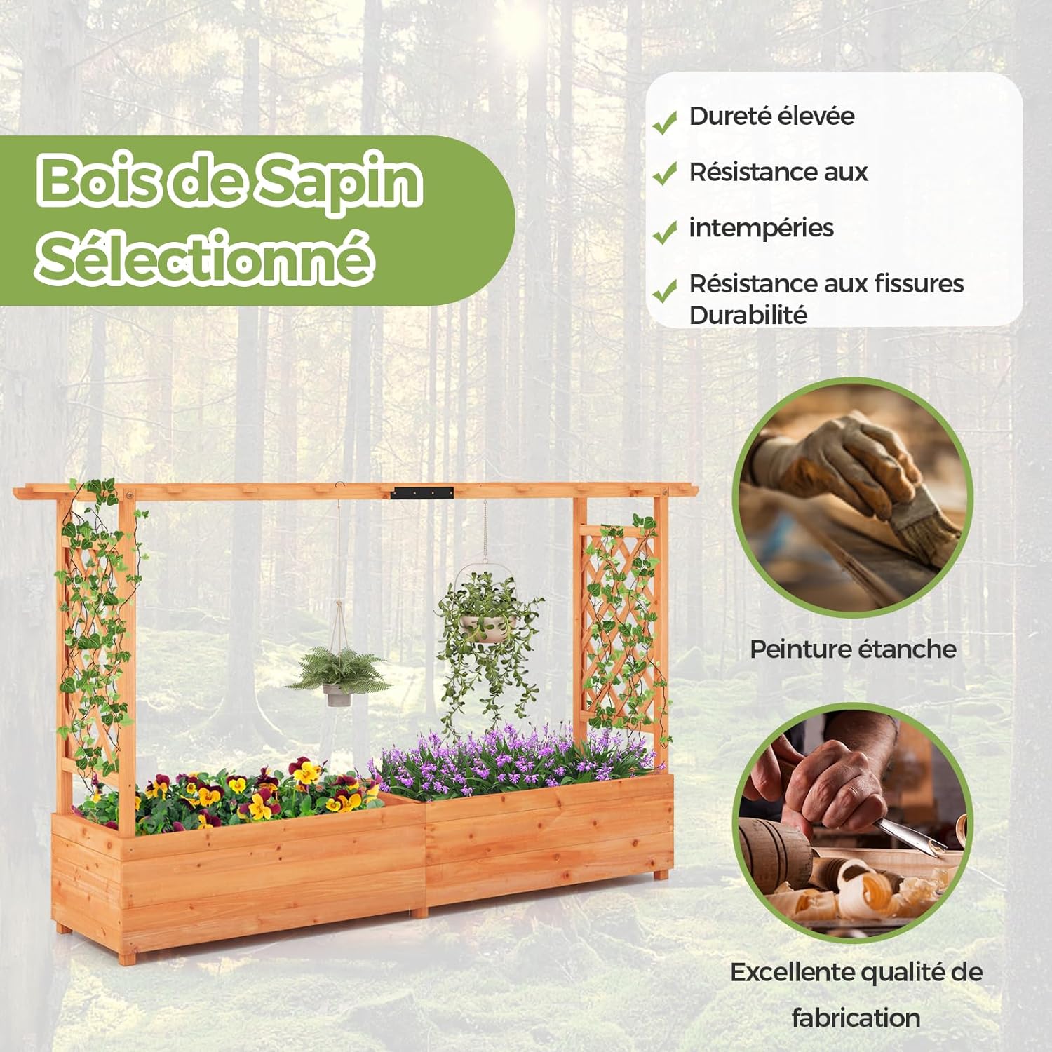 Jardinière Surélevée avec Treillis, Lit de Jardin en Bois avec Toit Suspendu, Trous de Drainage, 200x44x114cm - 6