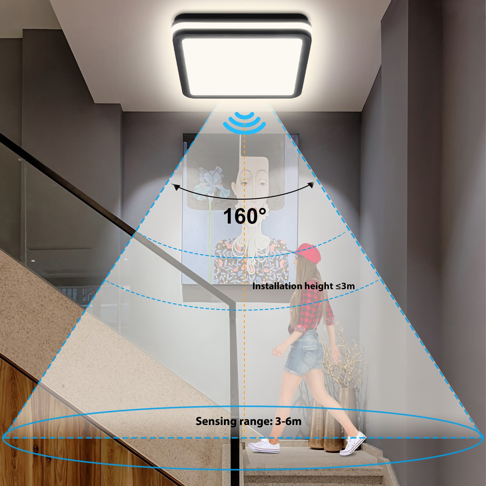 Plafon LED z czujnikiem ruchu 24W 4000K, kwadratowa lampa sufitowa LED 26×26 cm, IP54, do łazienki, przedpokoju i piwnicy, LOVHAUS - 8