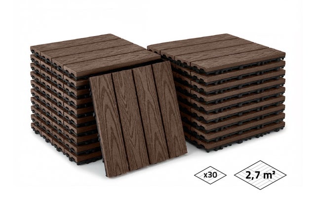 Lot de 30 dalles clipsables terrasse en composite RILA brun 30x30cm