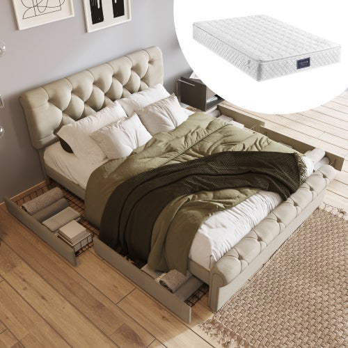 Letto Matrimoniale Imbottito 140x200 Cm - Testiera Alta In Tessuto Con Doghe In Legno - Foto 3