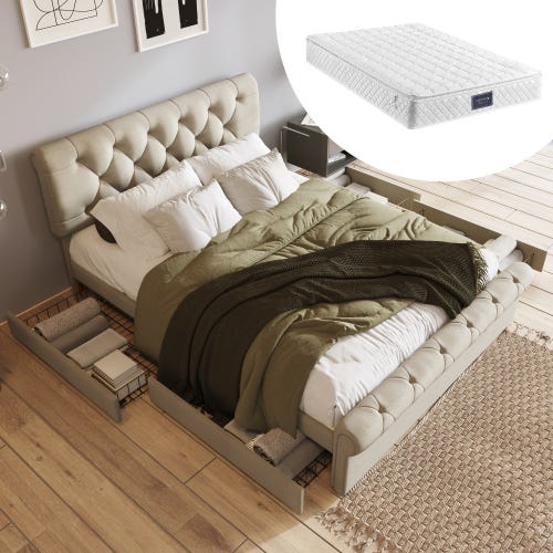 Letto Matrimoniale Imbottito 140x200 Cm - Testiera Alta In Tessuto Con Doghe In Legno - Foto 3