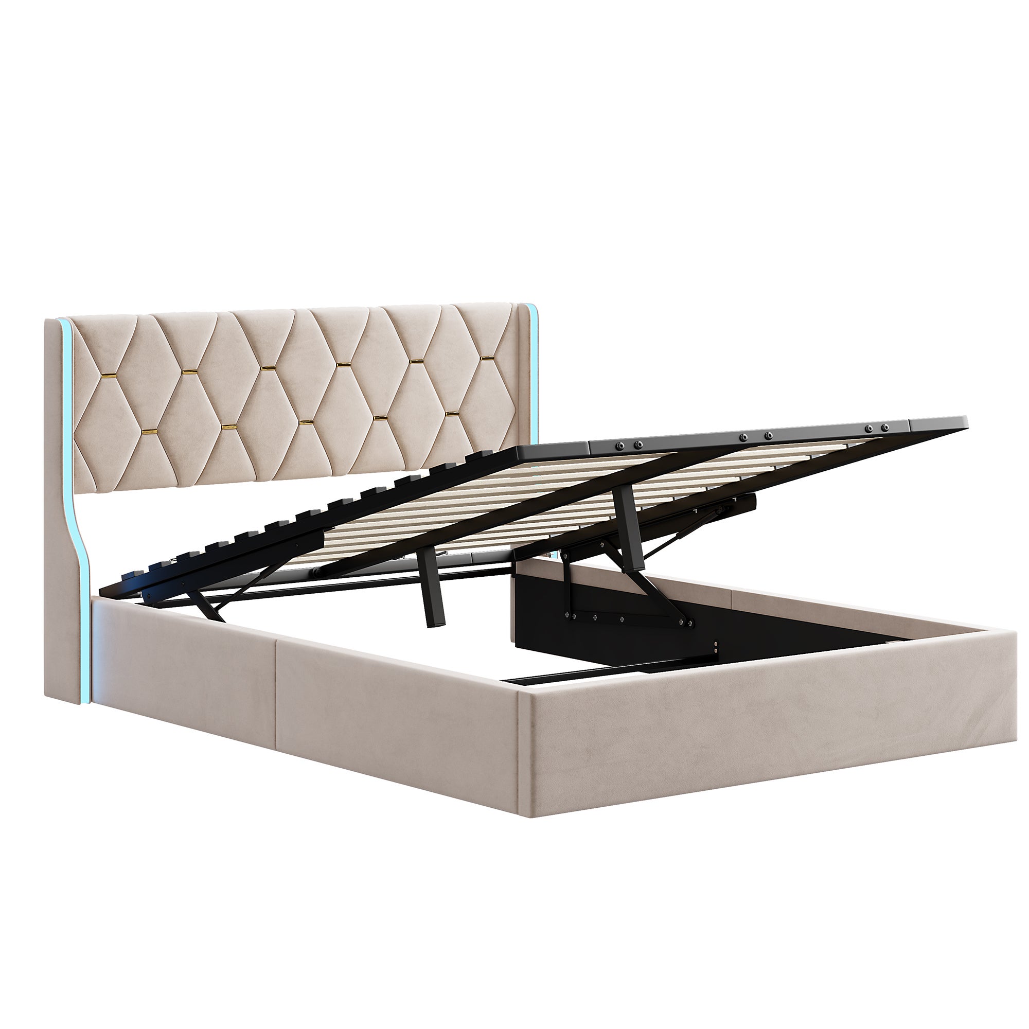 Cama Baúl 140x200 cm con Almacenamiento y LED, Cadre de Cama con Sommier de Listones, Tela de Velours - Color Beige - 7