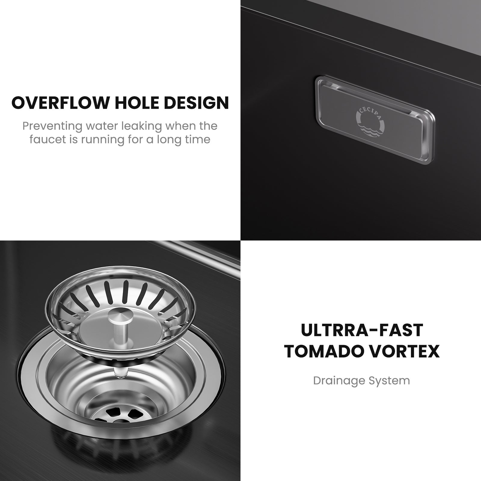 Évier de Cuisine 1 Bac 50x44x19CM, Noir Évier Inox avec Siphon et Trop Plein Évier Montage à Encastrer/ Sous-Plan (Distributeur de savon non inclus) - 8