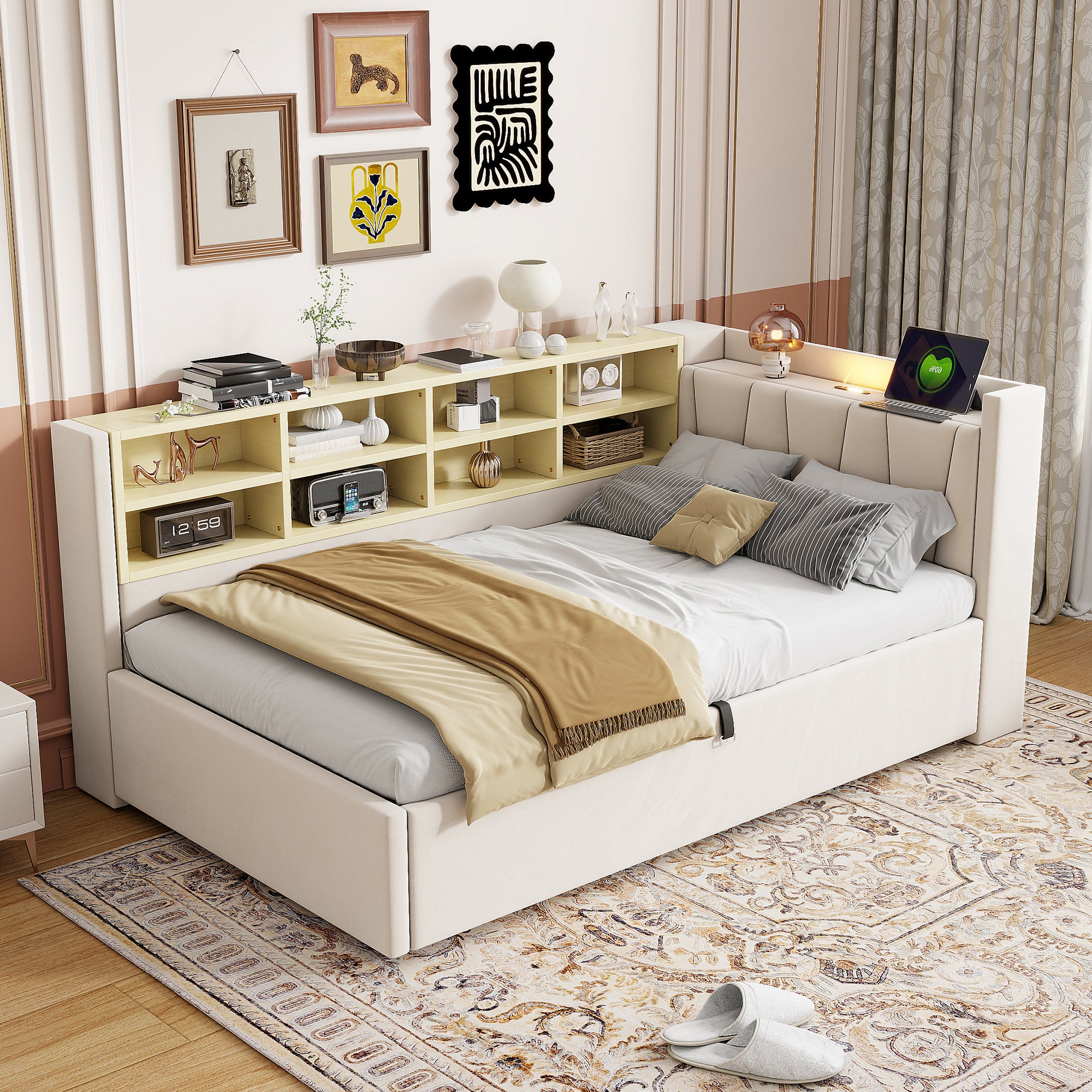 Letti contenitore 90 x 200 cm, con lampada da lettura, letti per adulti, biancheria, senza materasso, beige