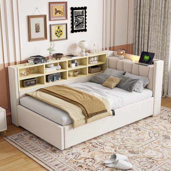 Letti contenitore 90 x 200 cm, con lampada da lettura, letti per adulti, biancheria, senza materasso, beige Letti contenitore 90 x 200 cm, con lampada da lettura, letti per adulti, biancheria, senza materasso, beige