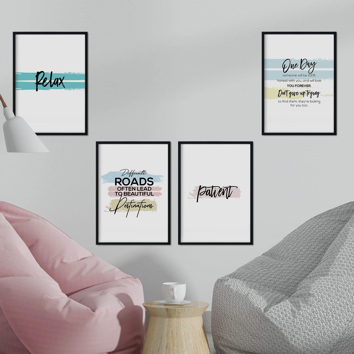 Pack de posters con frases inspiracionales. set de láminas de decoracion con frases coloridas motivadoras y llenas de energia. sin marco - a4