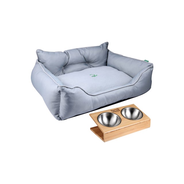 Cama para animais de estimação 50x40x18cm poliéster cinzento e comedouro duplo em forma de V, em aço inoxidável e suporte em bambu