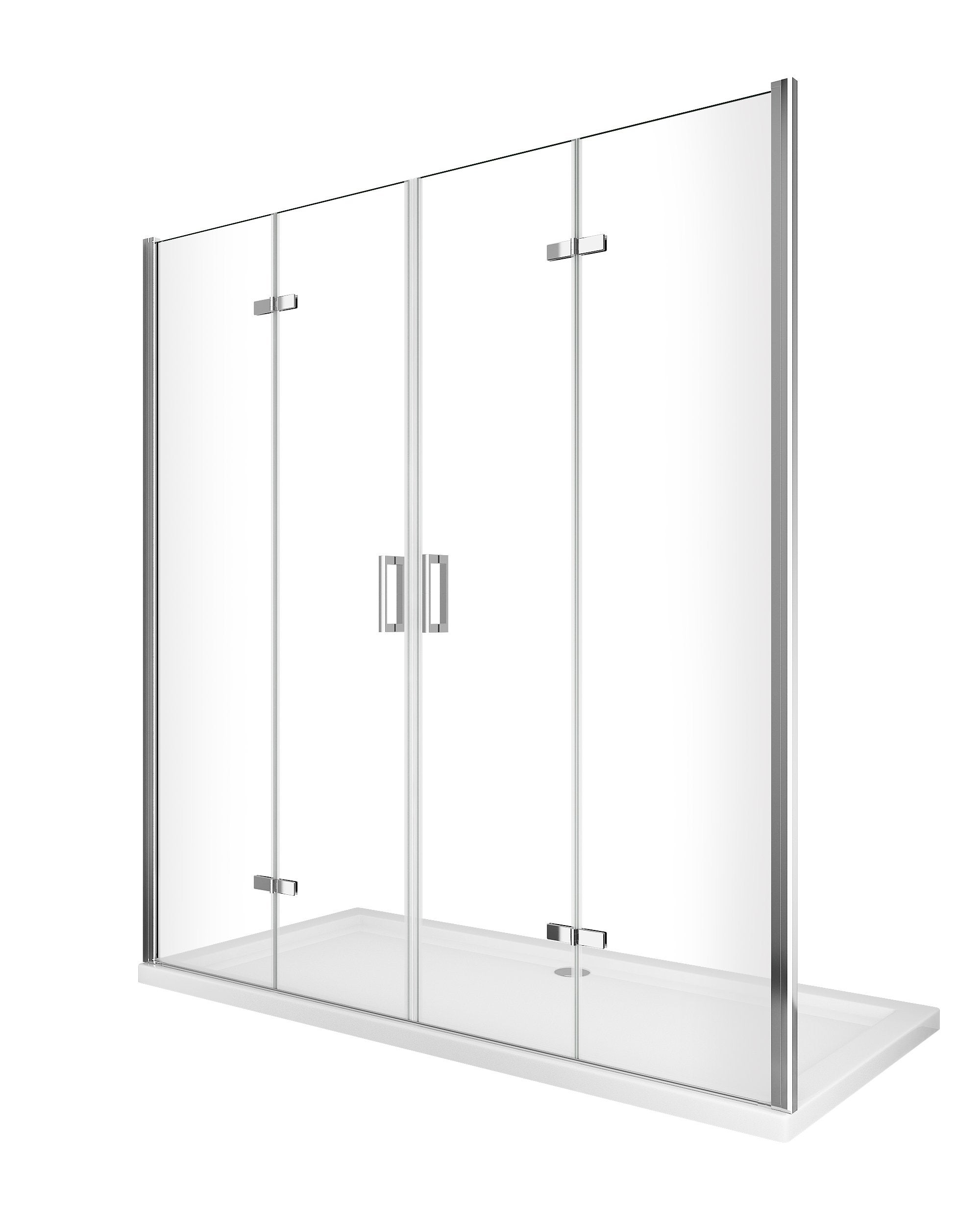 Drzwi prysznicowe składane na dwa boki (harmonijkowe) z pełnym otwarciem – 4 skrzydła, wysokość 190 cm, chrom, szkło transparentne, 148-151,5 cm