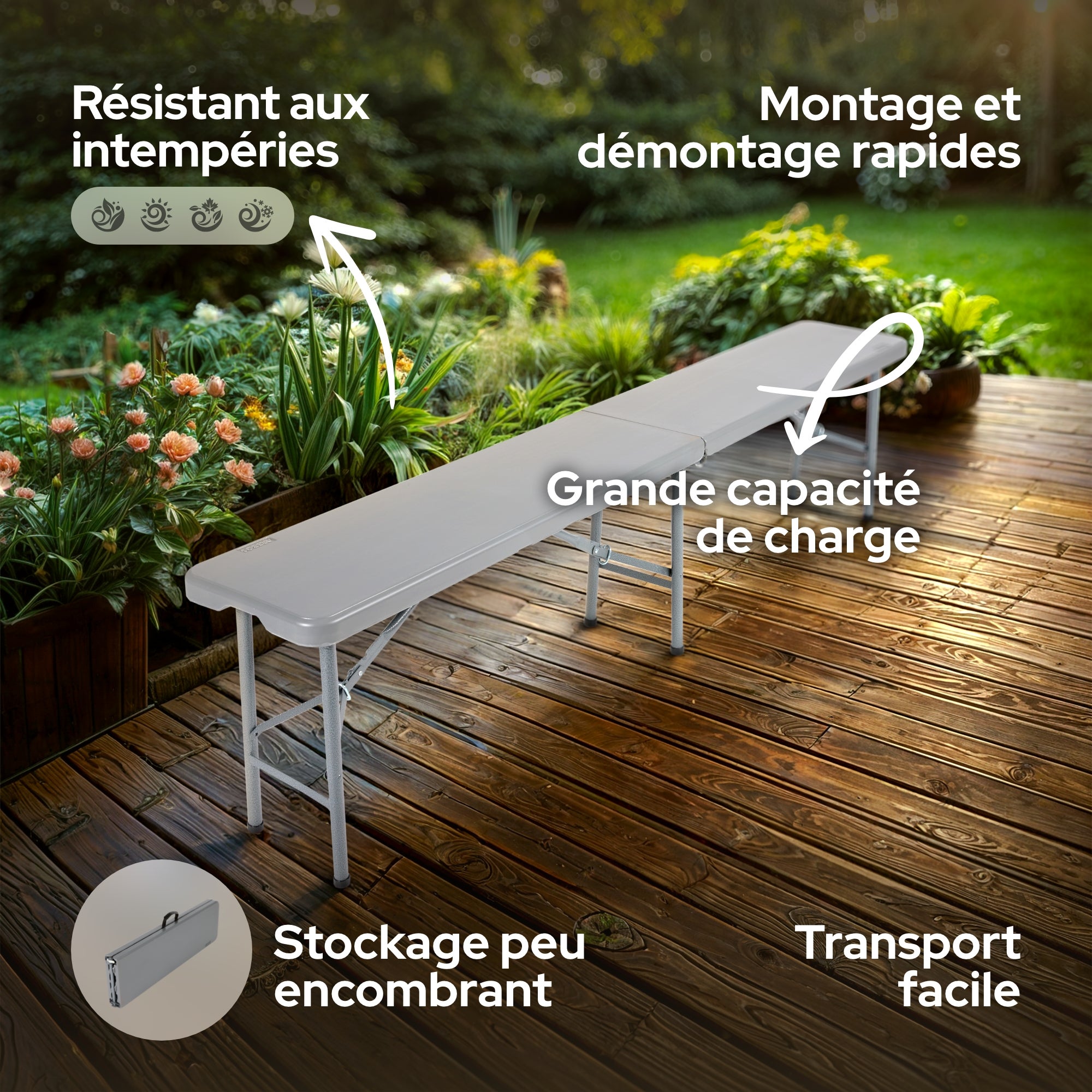 AREBOS 2 x banc à bière pliant, pliable, avec poignée de transport, 183 x 28 x 43 cm, banc pliant, camping, jardin, banc de fête anthracite - 3