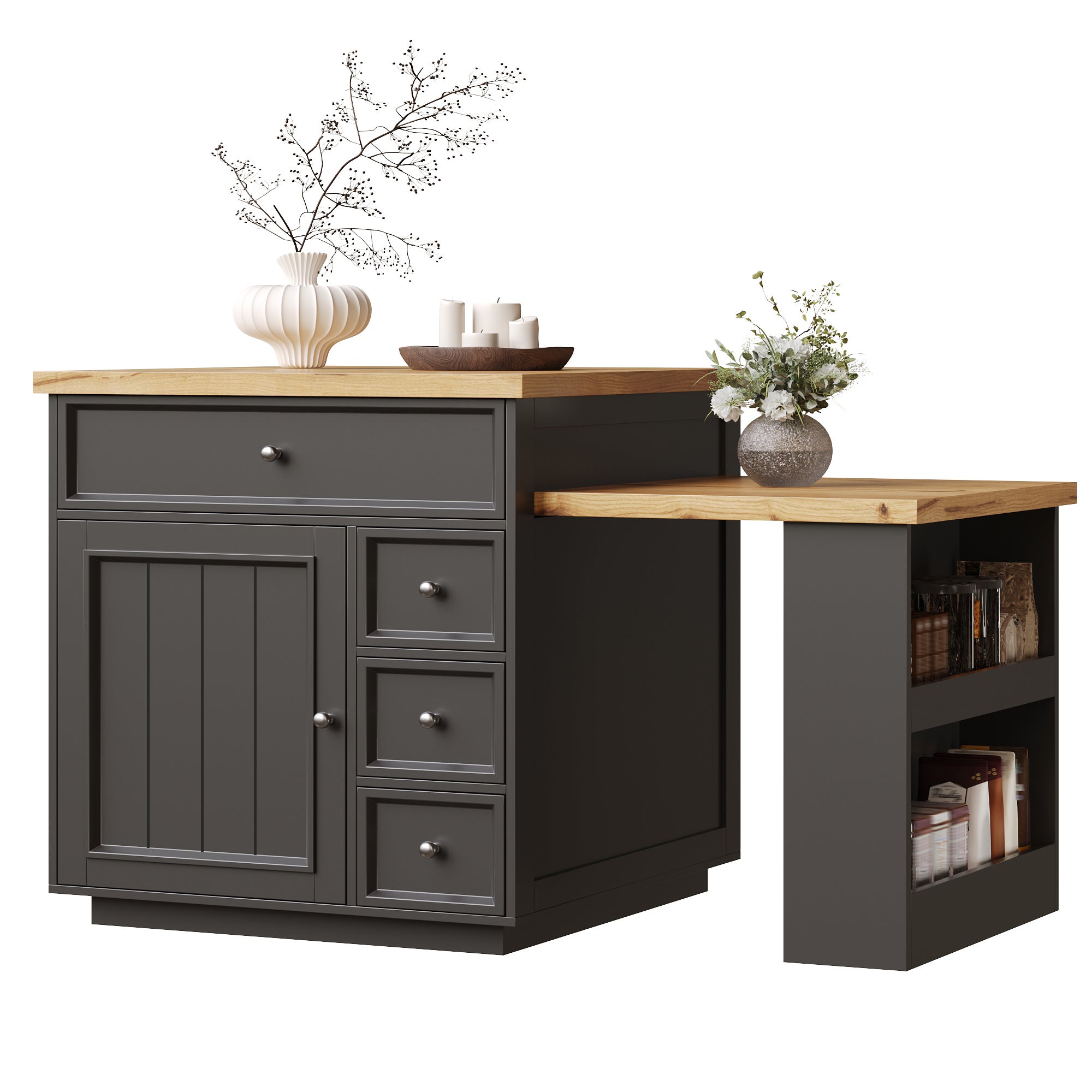 Îlot de cuisine extensible 120–184x70x94 cm avec tiroirs, plateau aspect bois, meuble mobile multifonction, cuisine et bar, noir - 9