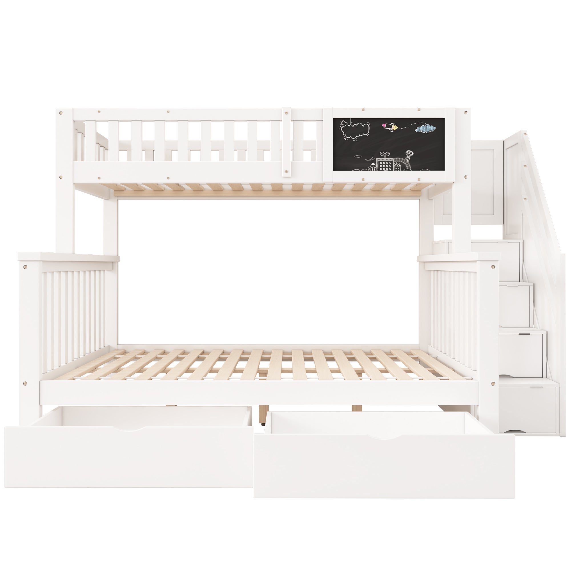 Lit superposé en pin massif avec tiroirs et escalier de rangement - 90x200cm + 140x200cm - Blanc - 7