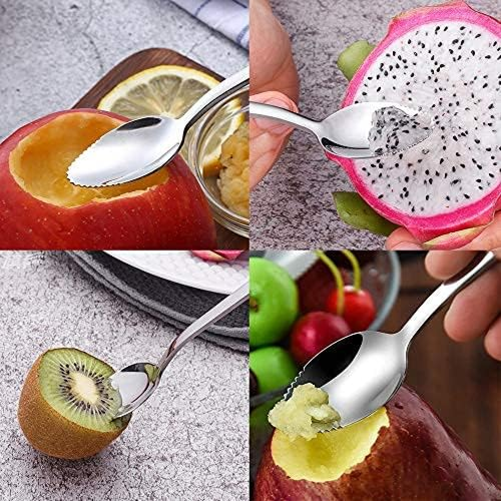 8 Pezzi Cucchiaio da Frutta, Cucchiaio di Kiwi con Denti Seghettati, Cucchiaio da Pompelmo, Cucchiaio da Dessert, Cucchiai da Gelato Lunghi in Acciaio Inox, Cucchiaini Acciaio Inox per Frutta e Dolci