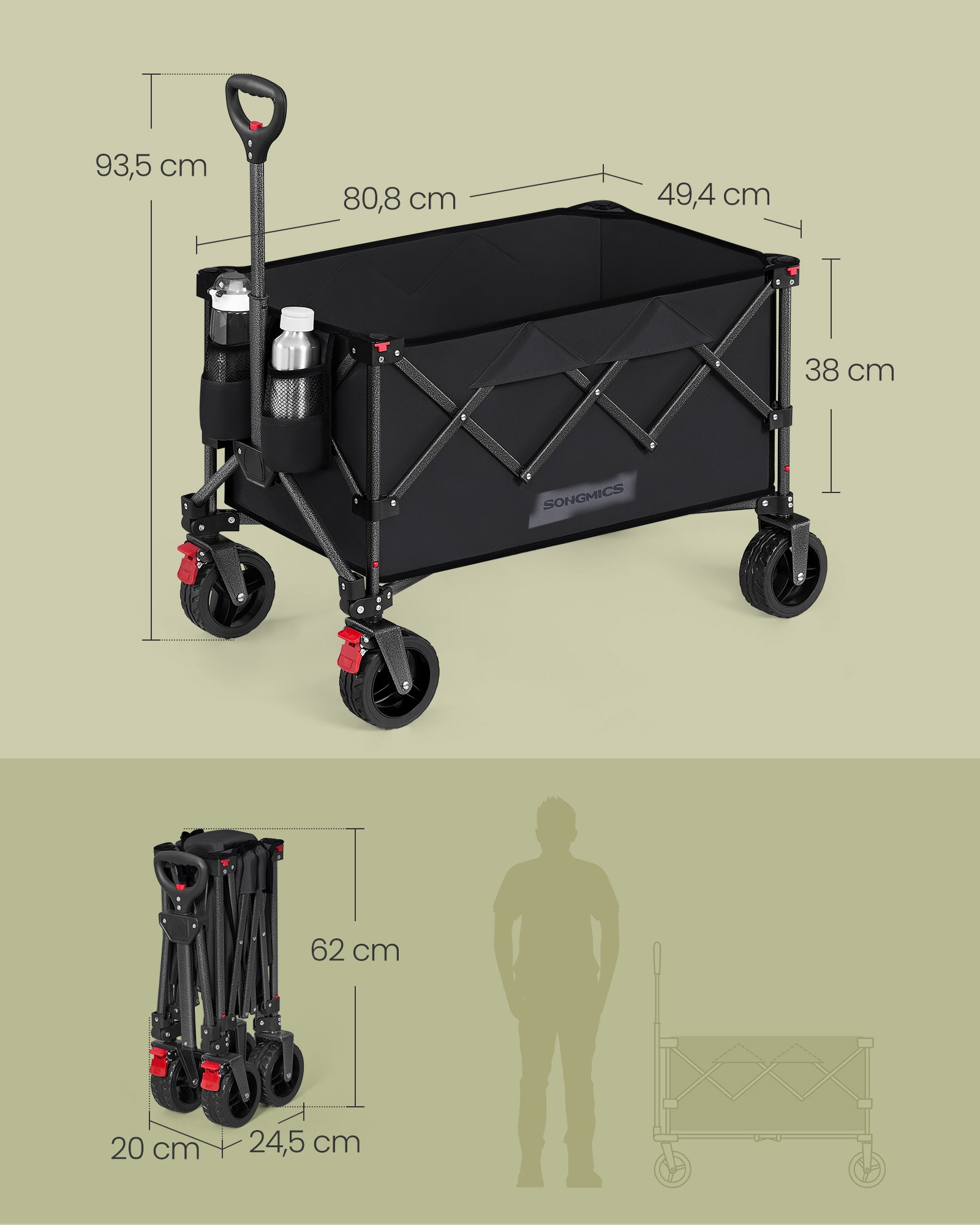 Chariot Pliable, Capacité de 150 L, Supporte Jusqu’à 150 kg, avec Poignée, 4 Roues Amovibles, pour Extérieur, Plage, Camping, Noir - 4