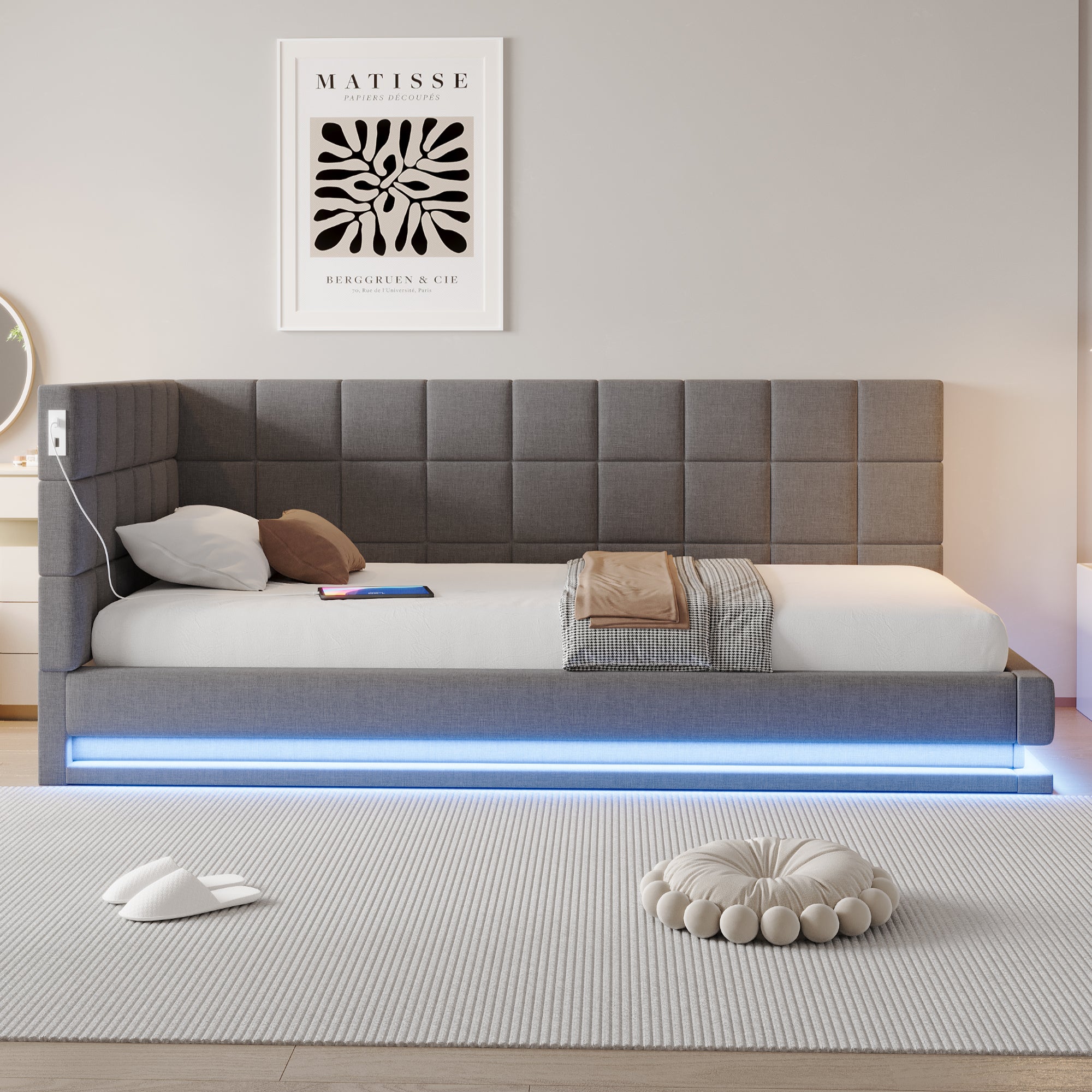 Sofa tapicerowana 90x200cm - z oświetleniem LED - z wtyczką USB - tkanina aksamitna - szary