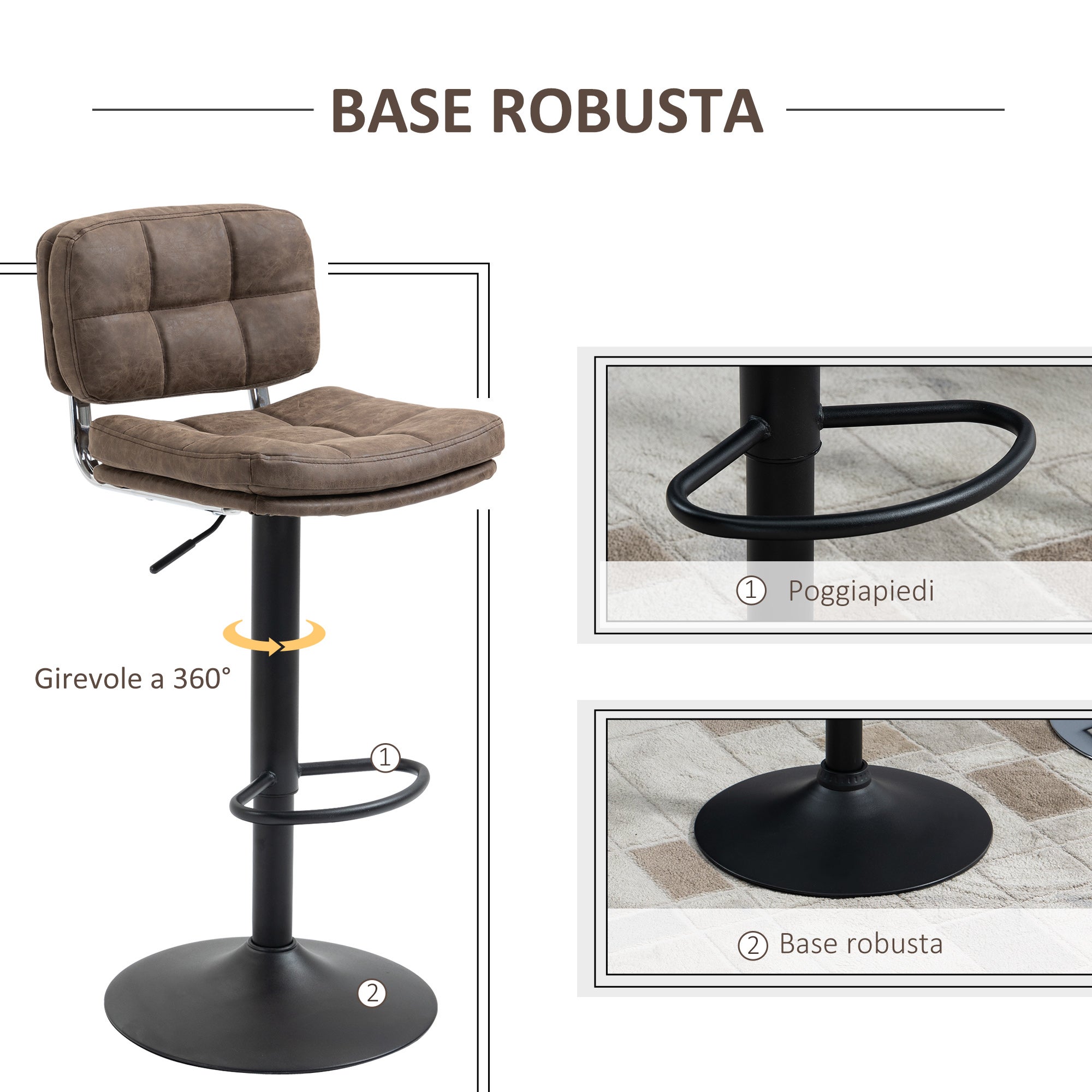 HOMCOM Set 2 Sgabelli da Bar Girevoli con Altezza Regolabile, Rivestimento Similpelle Marrone e Imbottitura, 41.5x45x85-107cm, Nero - 6
