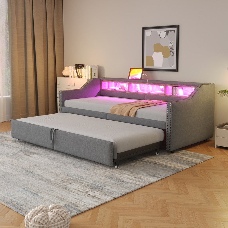 Sofa tapicerowana z funkcją spania 90x200 lub 180x200 cm - ze schowkiem - z oświetleniem LED + port USB - Jasnoszara