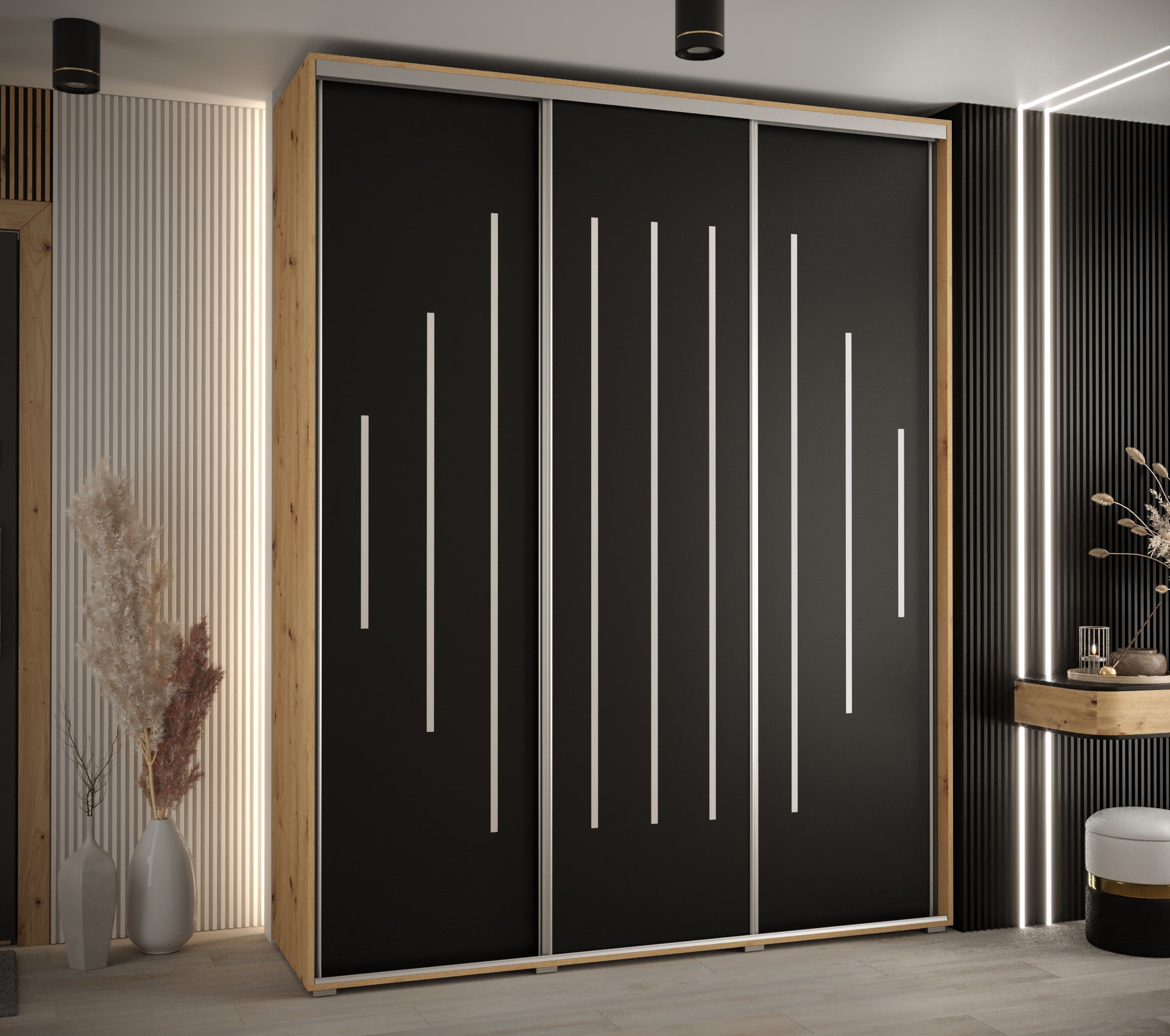 Szafa przesuwna wysoka Davos 12 200 x 60 x 235,2 cm artisan + czarmy + u. srebrny - Abiks Meble - 2