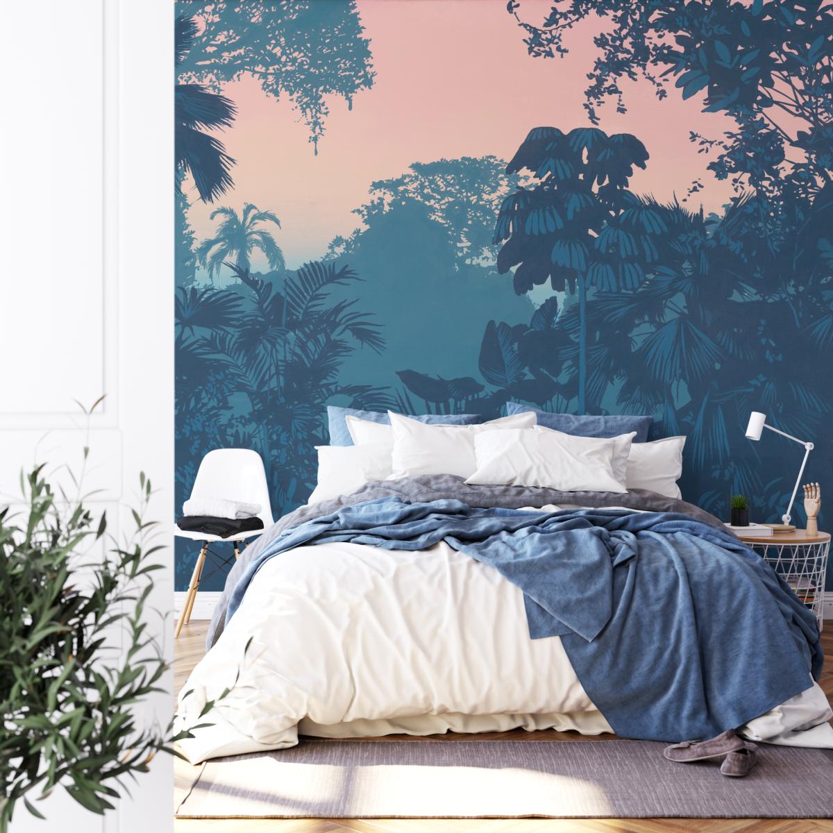 Papier peint panoramique avec paysage jungle bleu d'une peinture ...