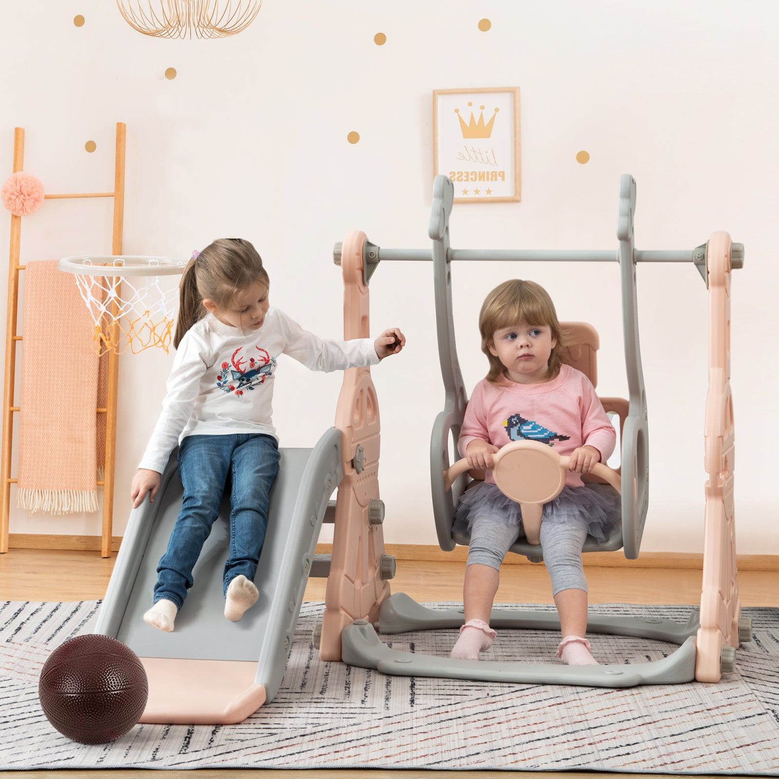 Toboggan pour Enfant 4 en 1 avec Panier de Basket,Enfant Balançoire Toboggans, échelle d'escalade, Aire de Jeux Intérieure et Extérieure, Rose - 10