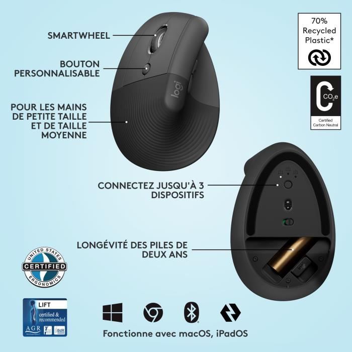 Souris Logitech Lift Left Ergonomique Verticale, Sans Fil, Silencieuse - Graphite - 6
