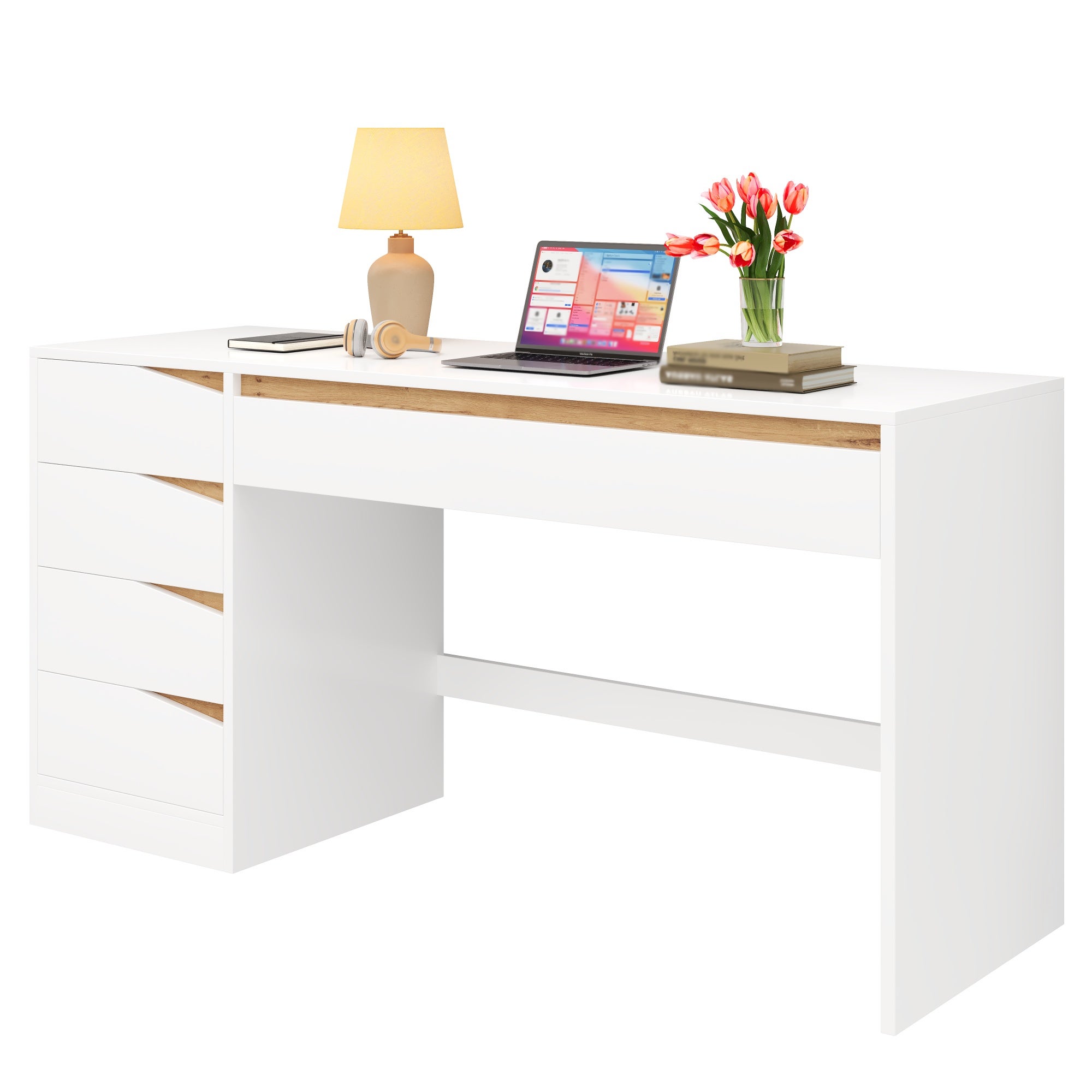 Bureau avec 5 tiroirs - Bureau informatique ou coiffeuse - Panneaux de particules - 140 x 50 x 78 cm - Blanc et chêne - 7