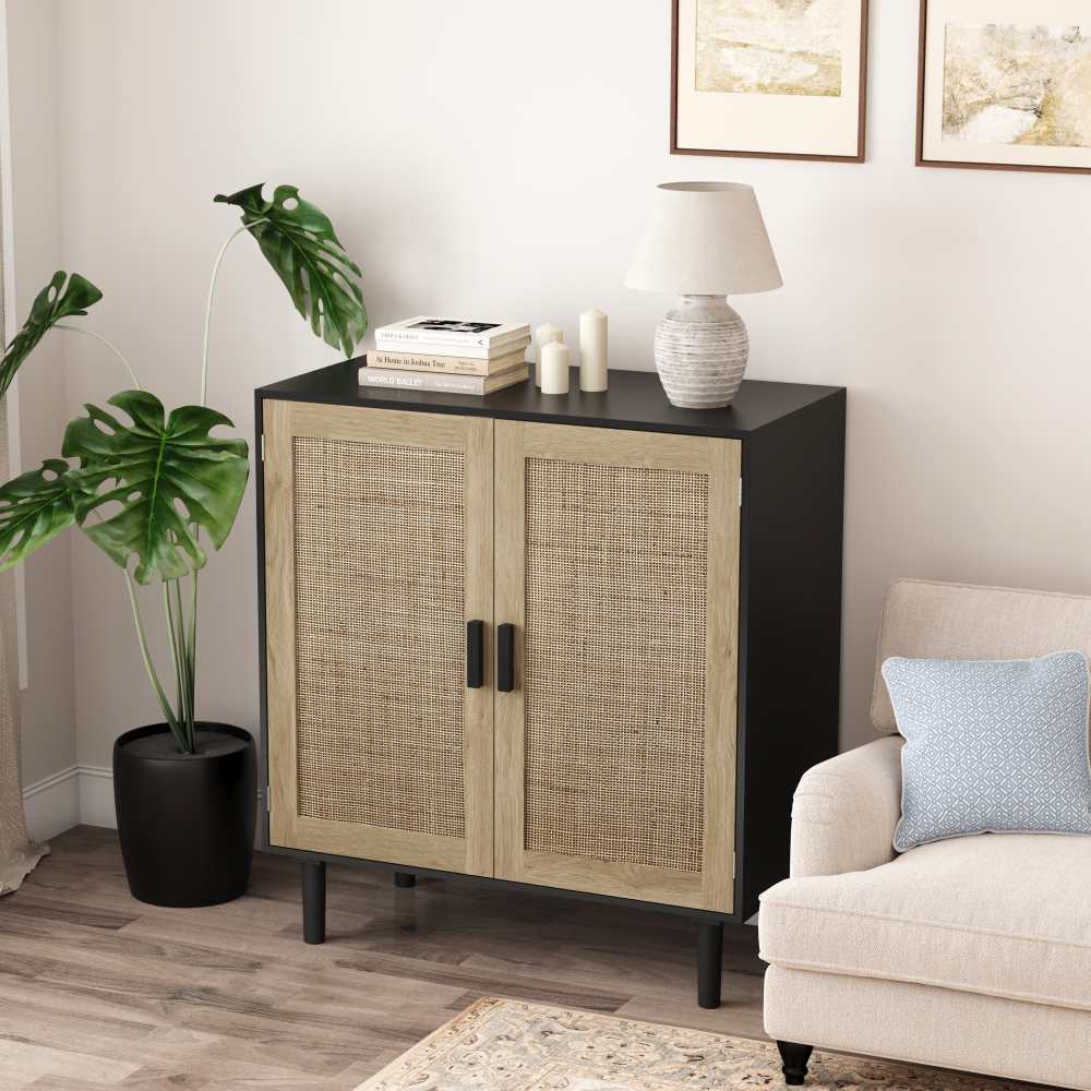 Buffet 2 portes en rotin, 80cm, rangement spacieux, anti-basculement – pour salon, salle à manger, entrée - 7