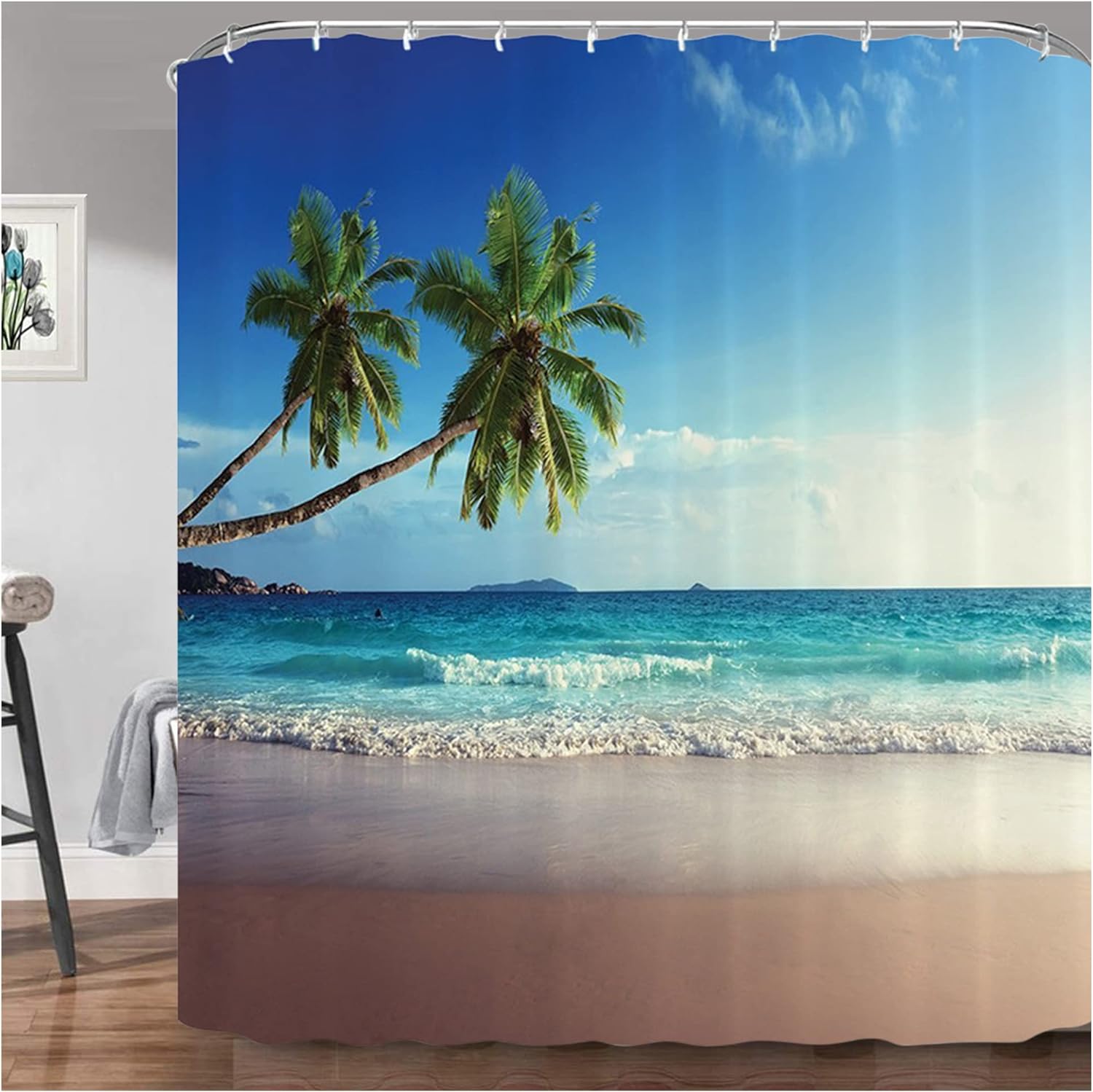 Wodoodporne zasłony prysznicowe, zasłona prysznicowa 3D z motywem plaży z 12 haczykami, zasłona do wanny i kabiny prysznicowej (180 x 200 cm)