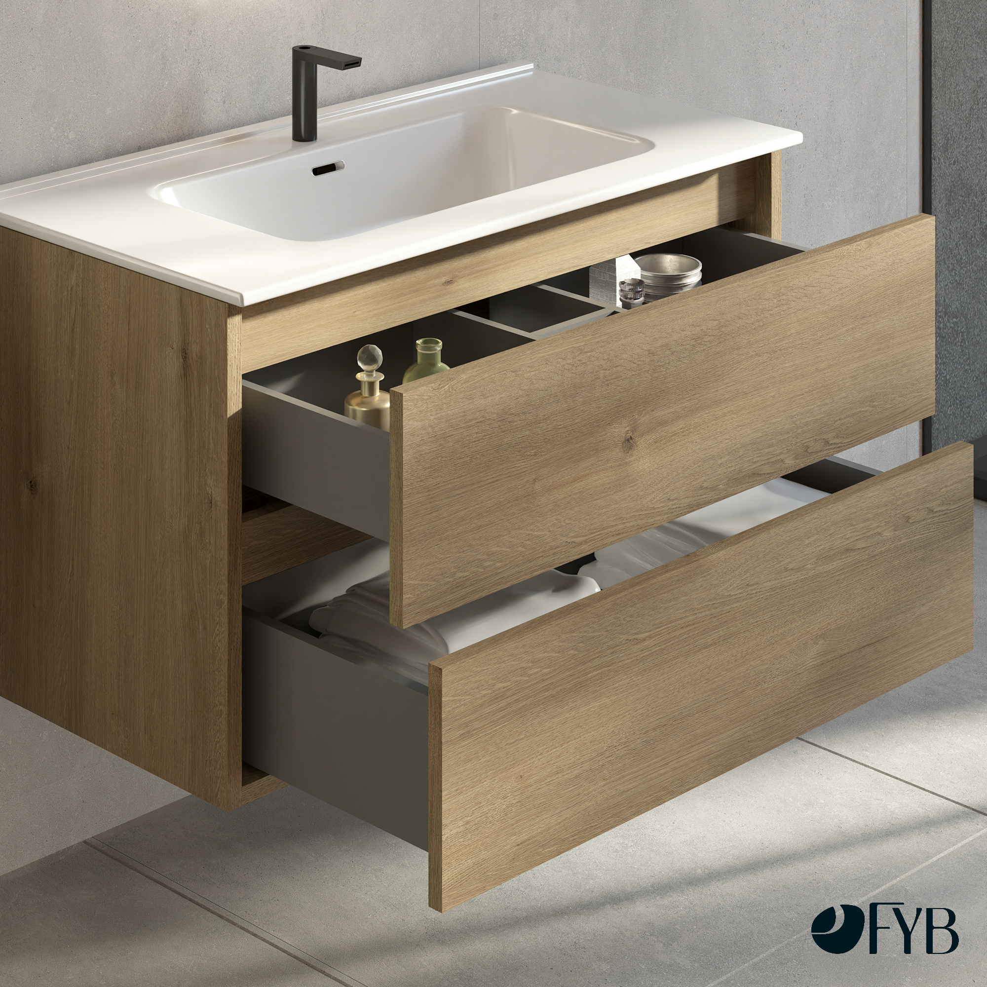 Feel Your Bath Meuble de Salle de Bain Lion Bois 100 cm avec Plan Céramique Blanc Brillant – Élégant, Compact, Installation Facile - 2