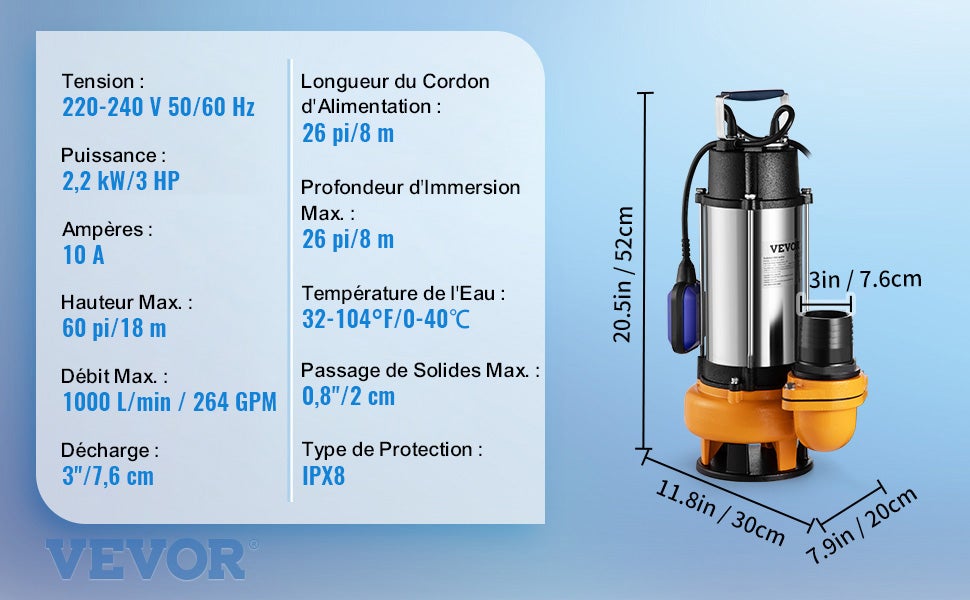 Pompe Relevage Eaux Chargées VEVOR 2200 W Pompe d’évacuation Eaux Chargées,1000 L/min Pompe Vide Piscine Cave Fosse Septique Pompe Immergée - 9