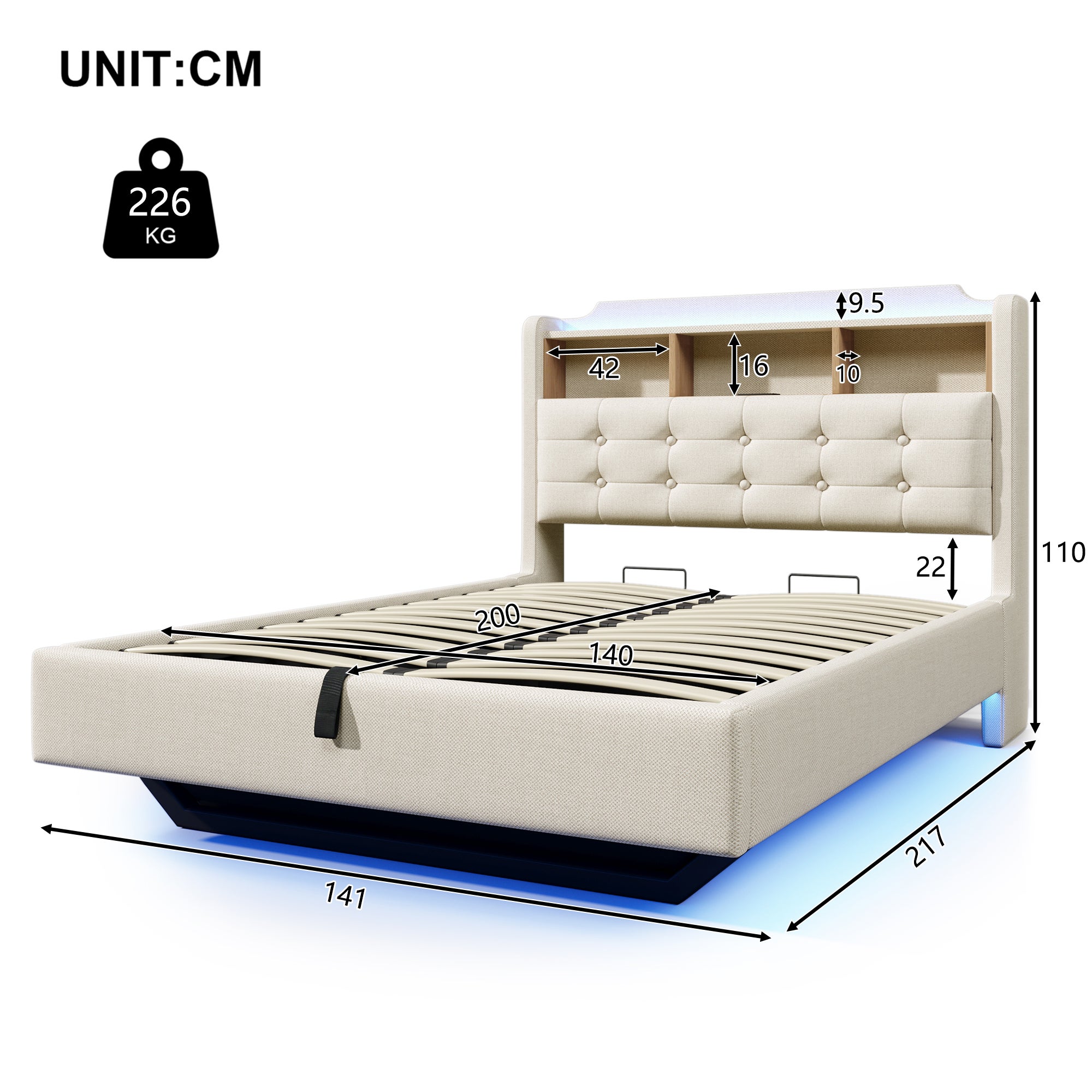 Łóżko tapicerowane ze schowkiem 140x200 cm - z oświetleniem LED - wyposażone w interfejs USB + Typ-C - tkanina lniana - beż - 5