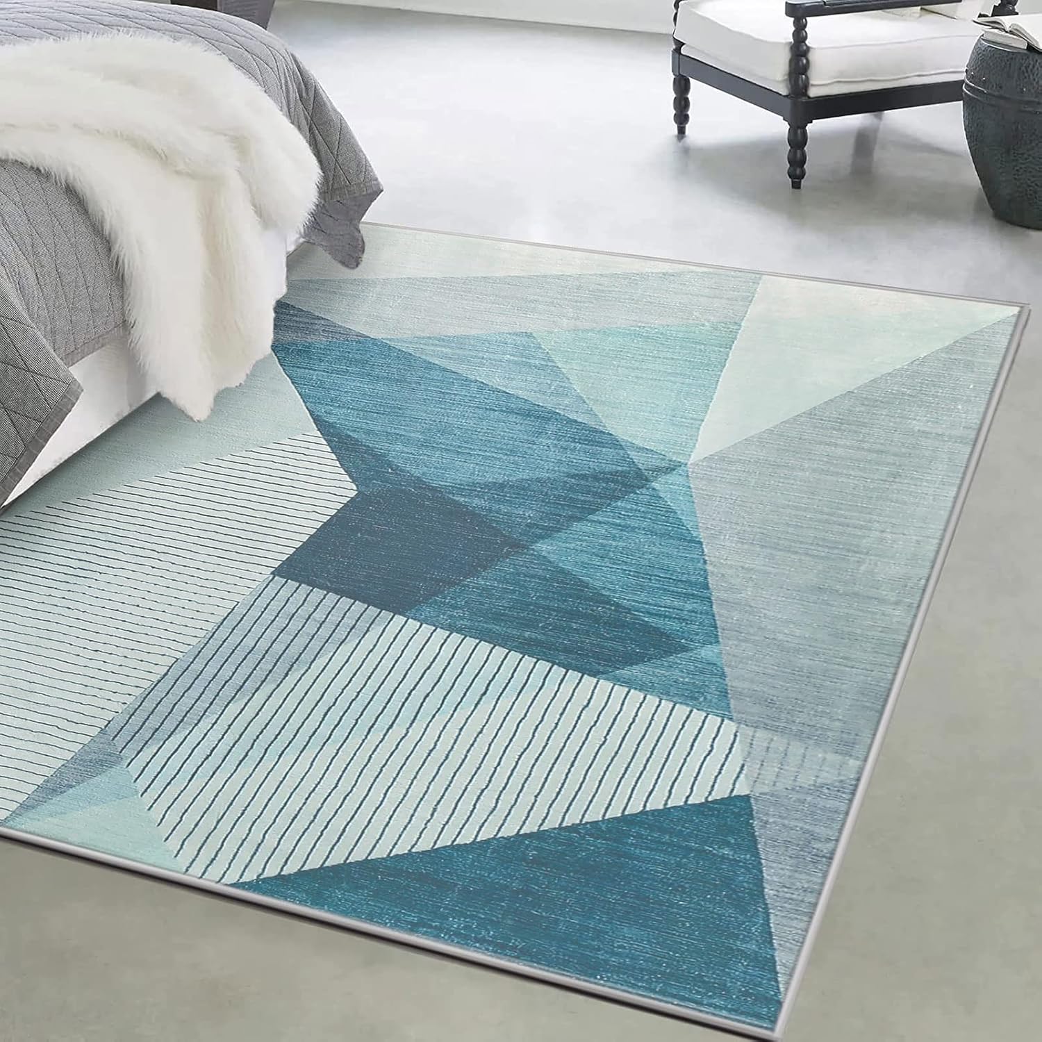 Tapis à motif géométrique pour salon, bleu, gris, moderne, abstrait, grand tapis de salon, antidérapant, doux, (bleu gris, 80 x 120 cm) - 4