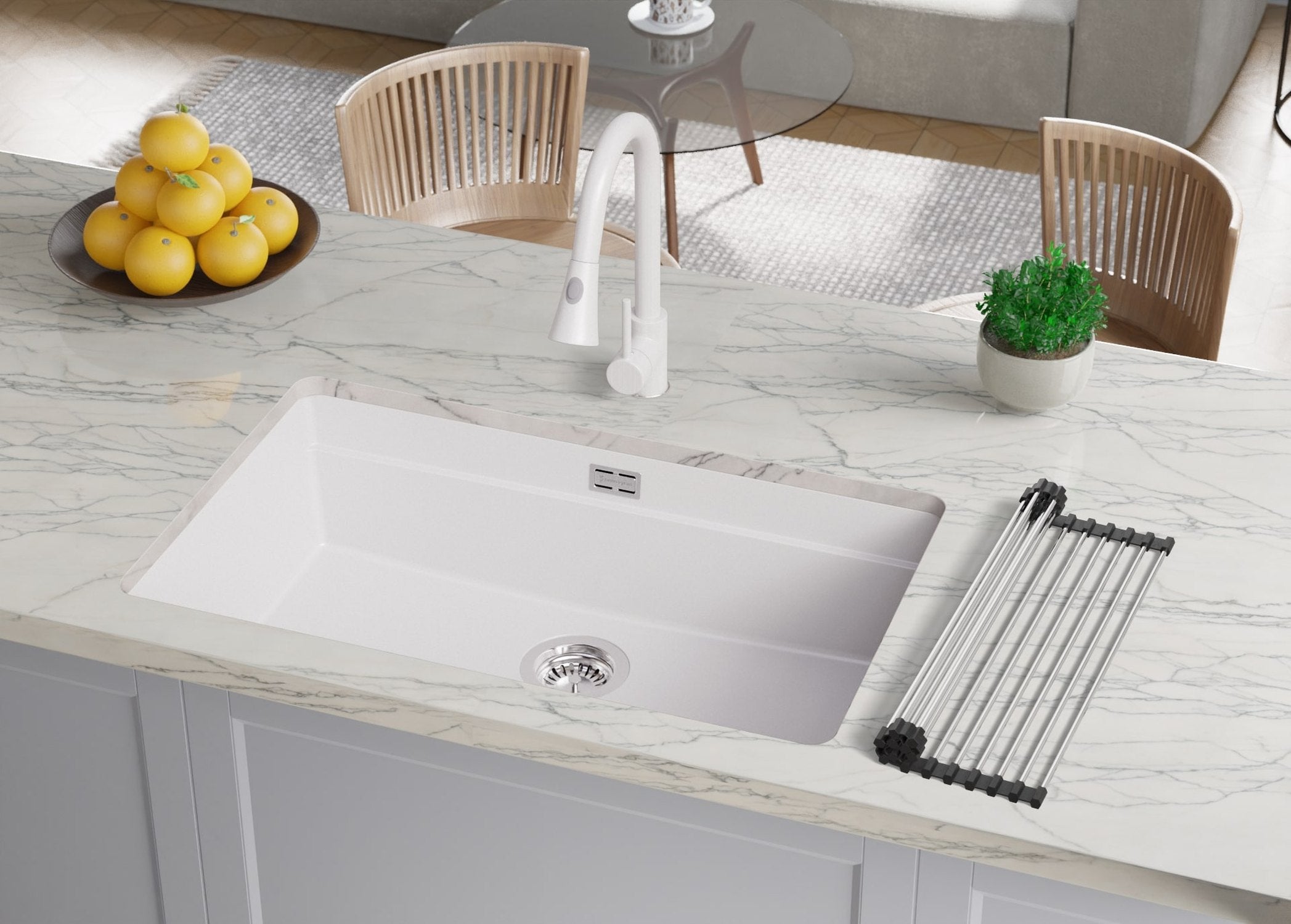 Lava-louça de encastrar Branco 76x47cm, Pia de Cozinha 1 cuba + Kit de drenagem + Kit de acessórios, Pia em Granito em armários de 80cm PRIMAGRAN - 9