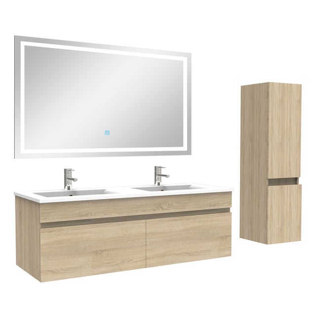 Ensemble meuble + vasque + miroir lumineux + colonne 120cm meuble salle de bain Chêne Wotan,Ocean