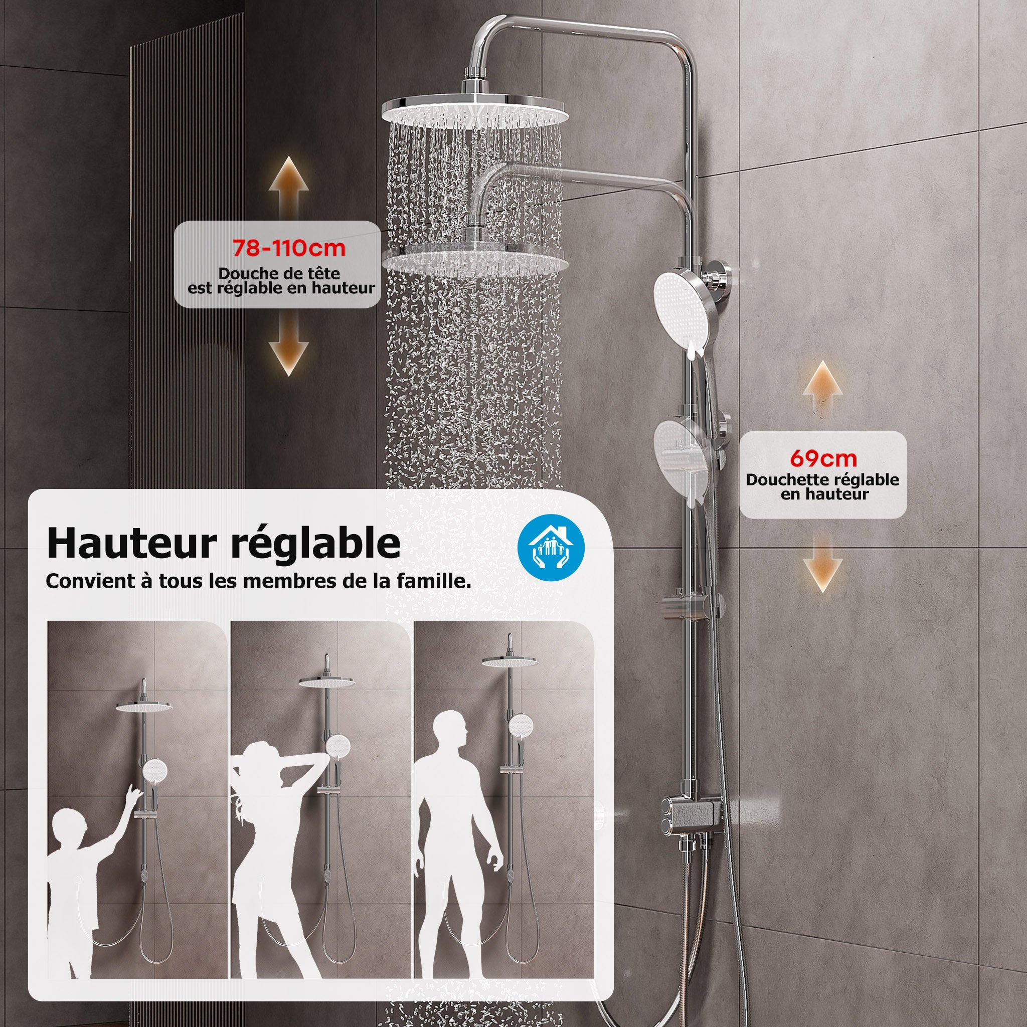 sistema de ducha de lluvia, cabezal de ducha de 25 cm, 5 modos de chorro, kit de ducha de lluvia cromado, núcleo de válvula de latón, altura ajustable - 3