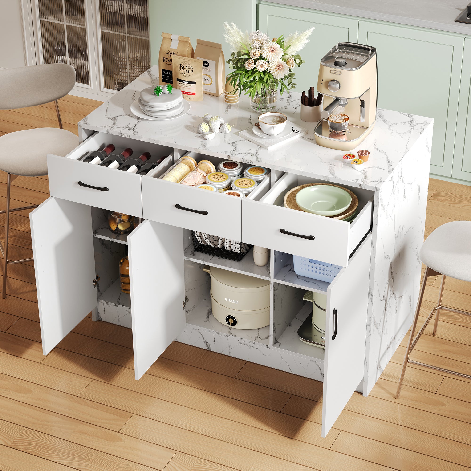 Redom  Isla De Cocina 120X60x90.5 Cm, Bar Integrado, 3 Cajones Silenciosos, 3 Puertas Con Estantes Regulables, Mdf, Mármol Blanco , Leroy Merlin